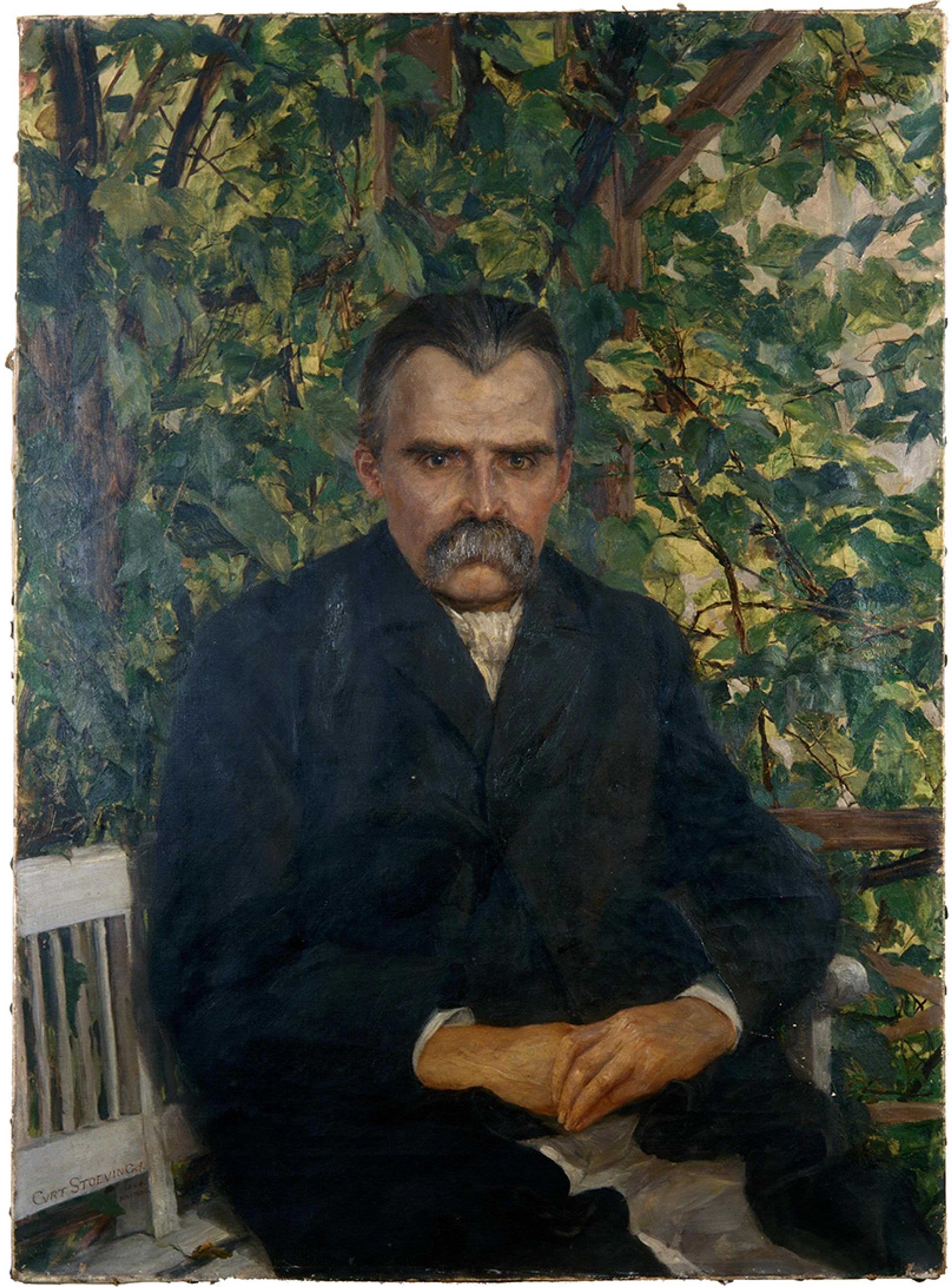 Painted portrait of a seated man with a stern expression, wearing a dark suit, set against a backdrop of dense green foliage.