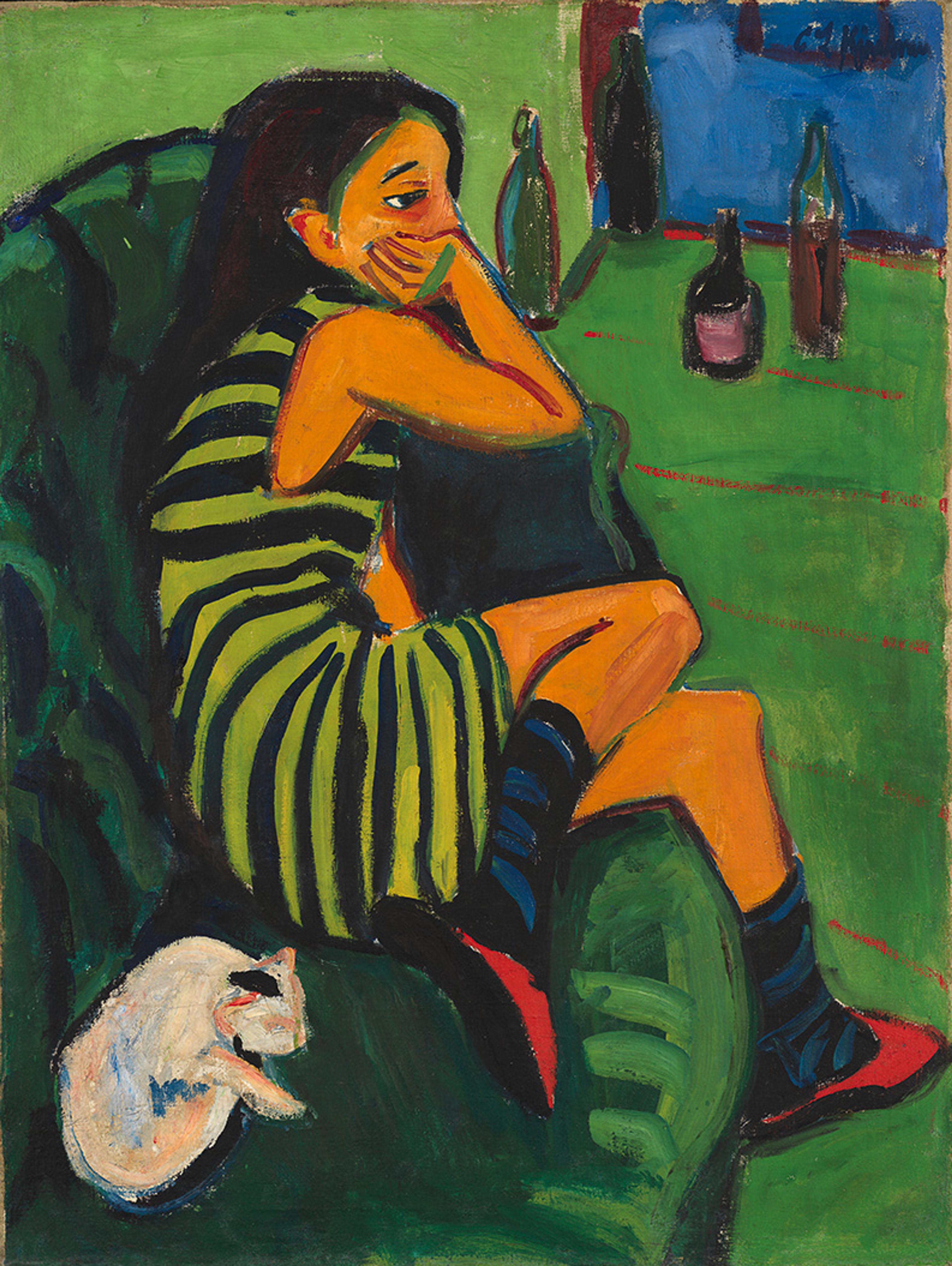 Painting of a person in a striped dress sitting on a green sofa with a hand on their face, and a white cat lying beside them.