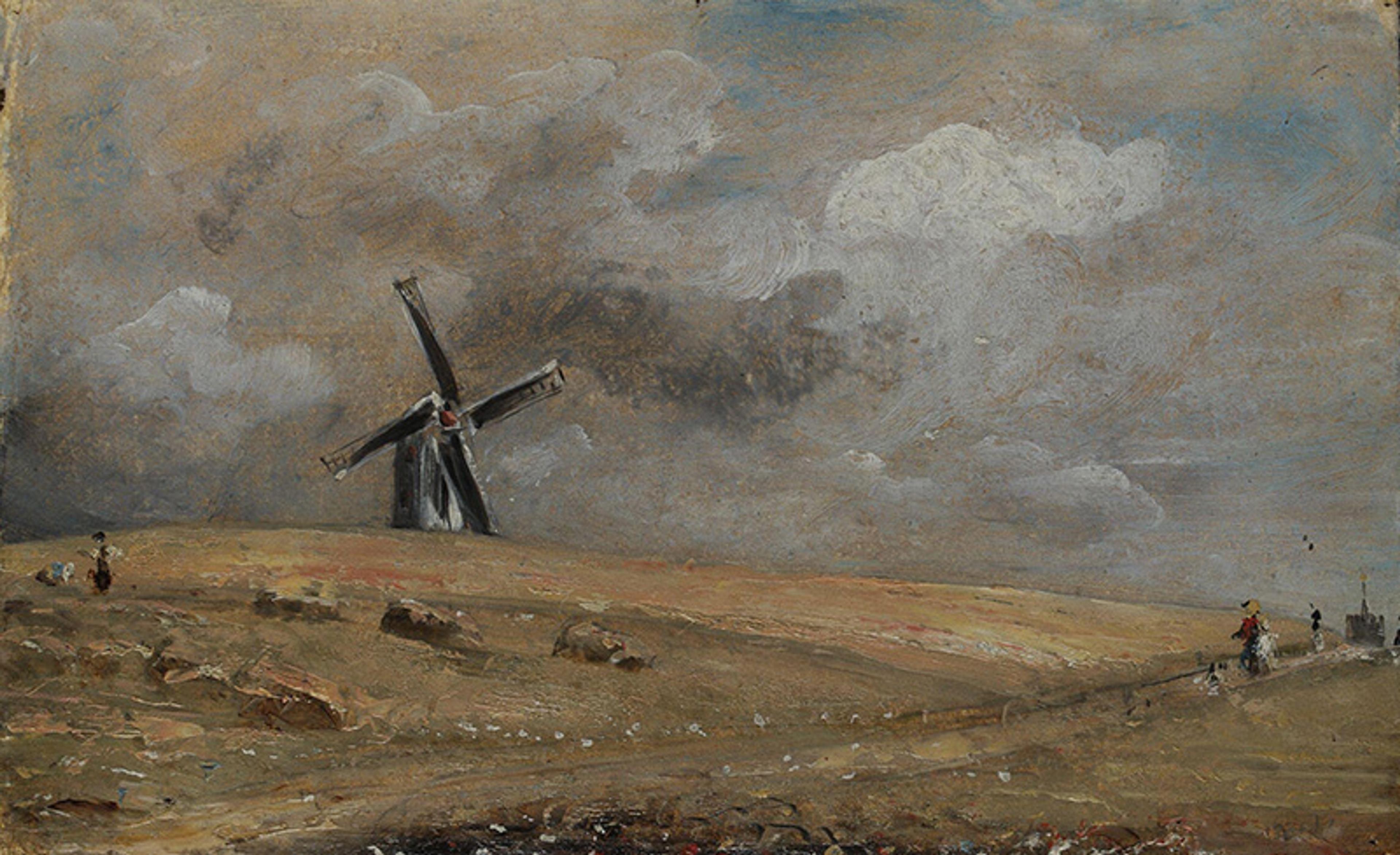 A painting of a windmill on a hill under a cloudy sky, with figures walking and horses in the background.