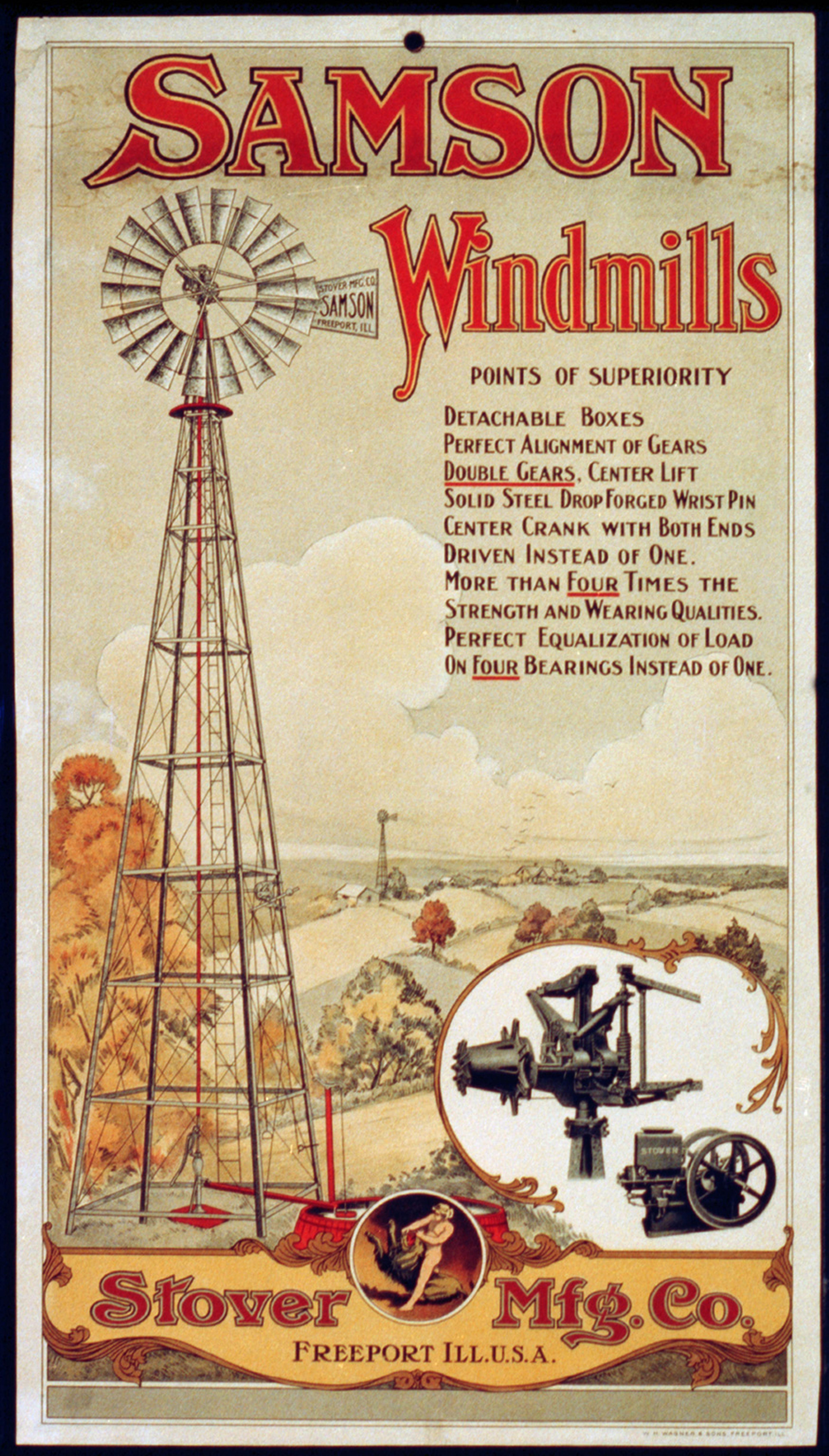 Vintage “Samson Windmills” advert by Stover Manufacturing Company, featuring a windmill illustration, product details, and rural landscape background.