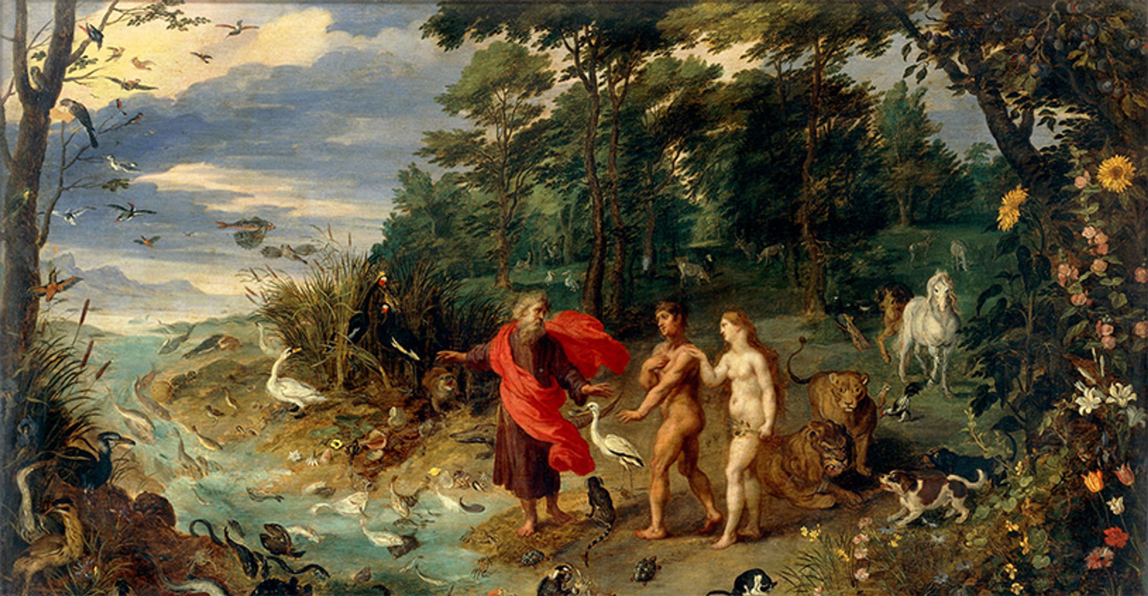 A painting depicting God with Adam and Eve in a lush landscape with various animals near a flowing river under a cloudy sky.