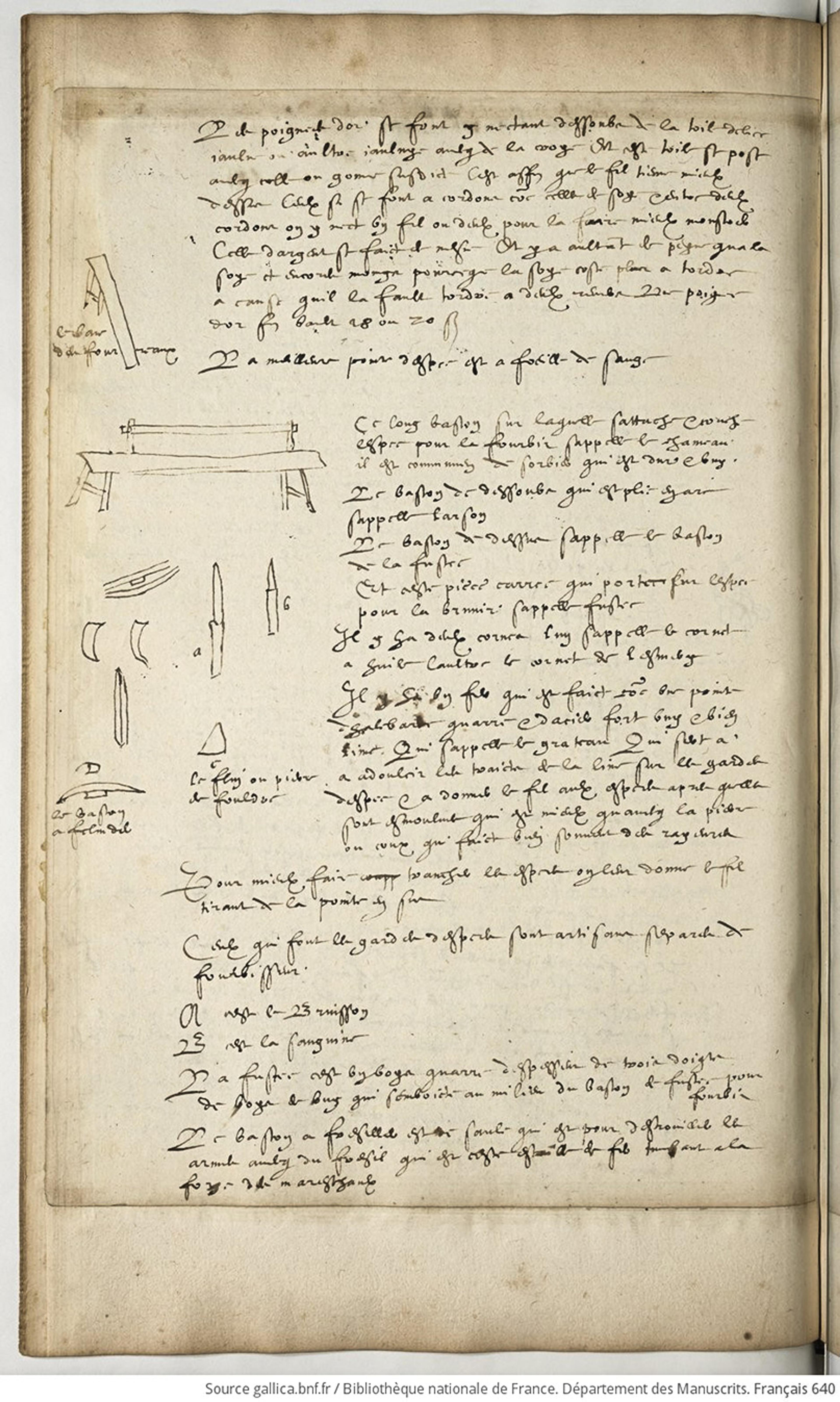 A handwritten manuscript page with illustrations and annotations, including sketches of tools and a bench, in French.