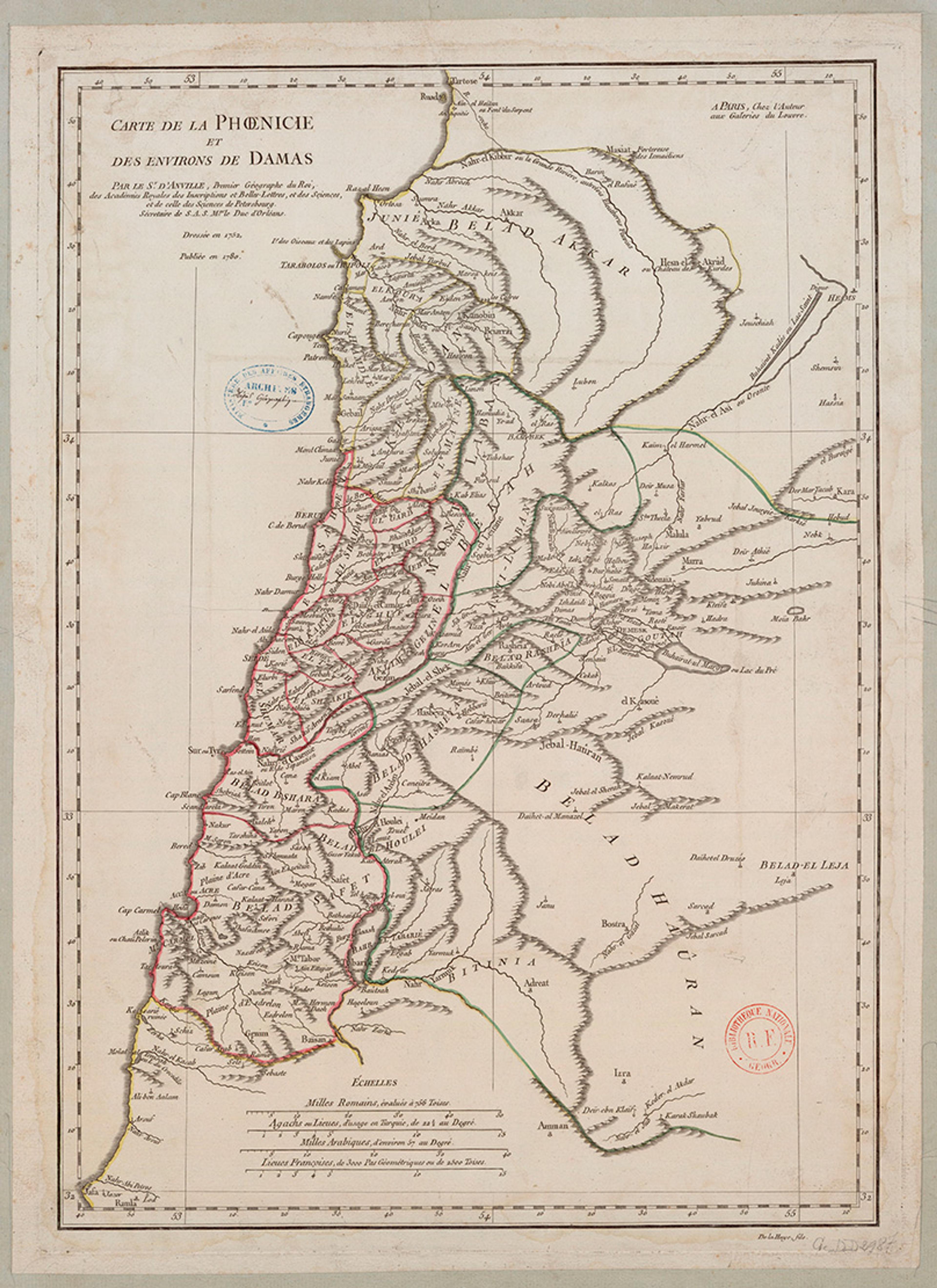 Antique map titled ‘Carte de la Phœnicie et des Environs de Damas’ showing regions, towns and geographical features in detail.