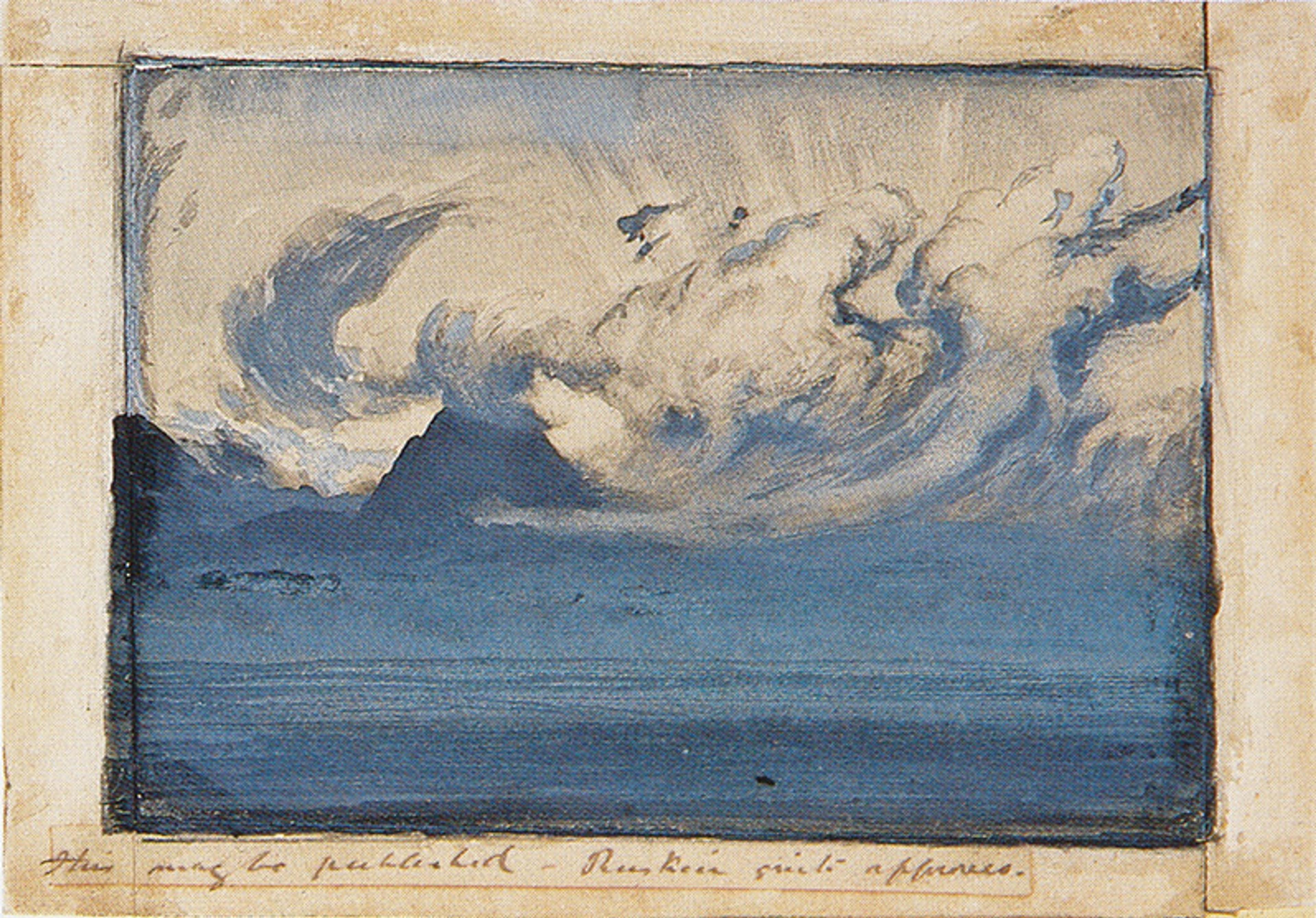 A painting of a landscape with a blue sea, mountains on the left, and dramatic, swirling clouds in the sky.