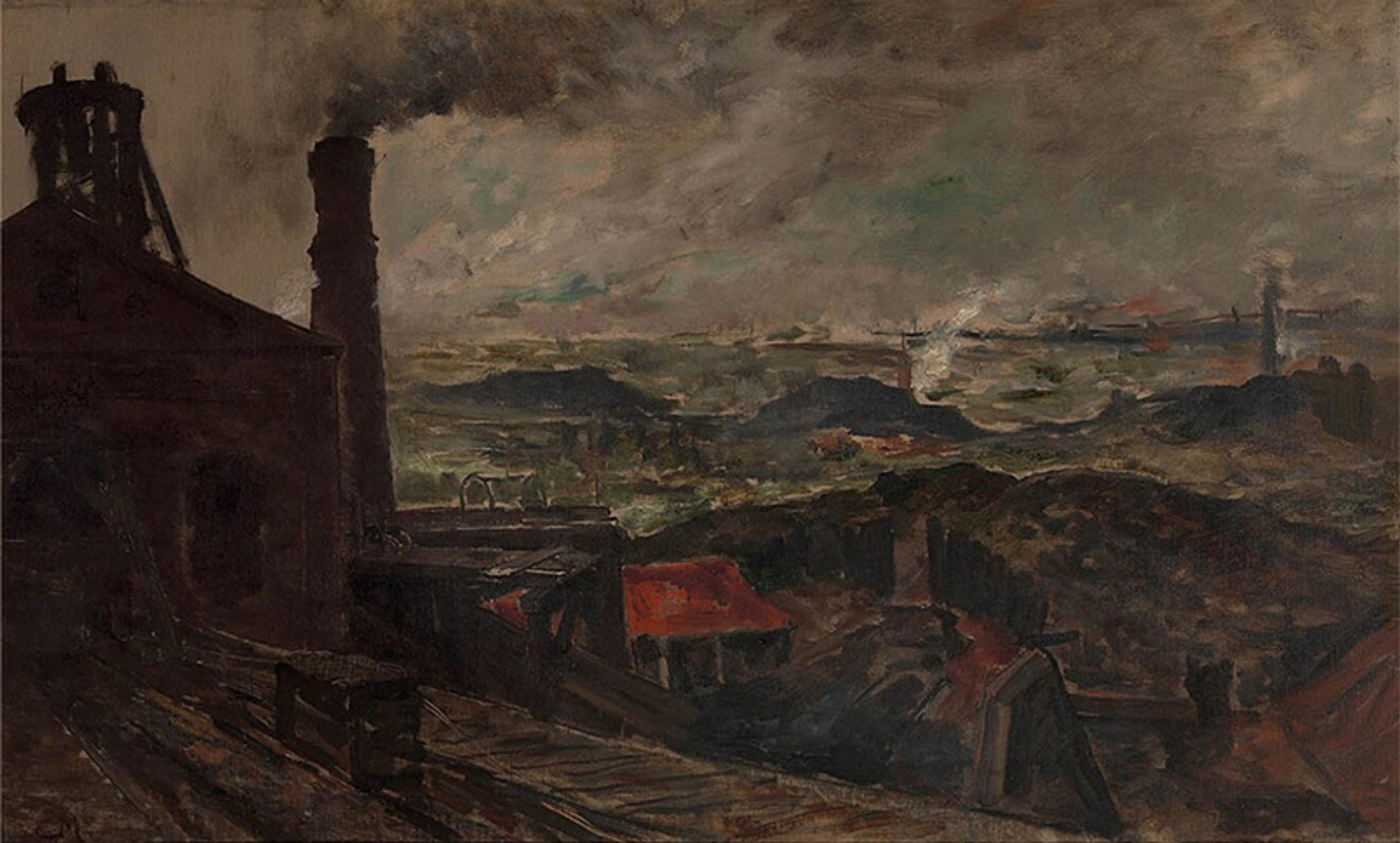 A dark, moody painting of an industrial landscape with smokestacks and rooftops, under a cloudy sky with hints of light in the distance.