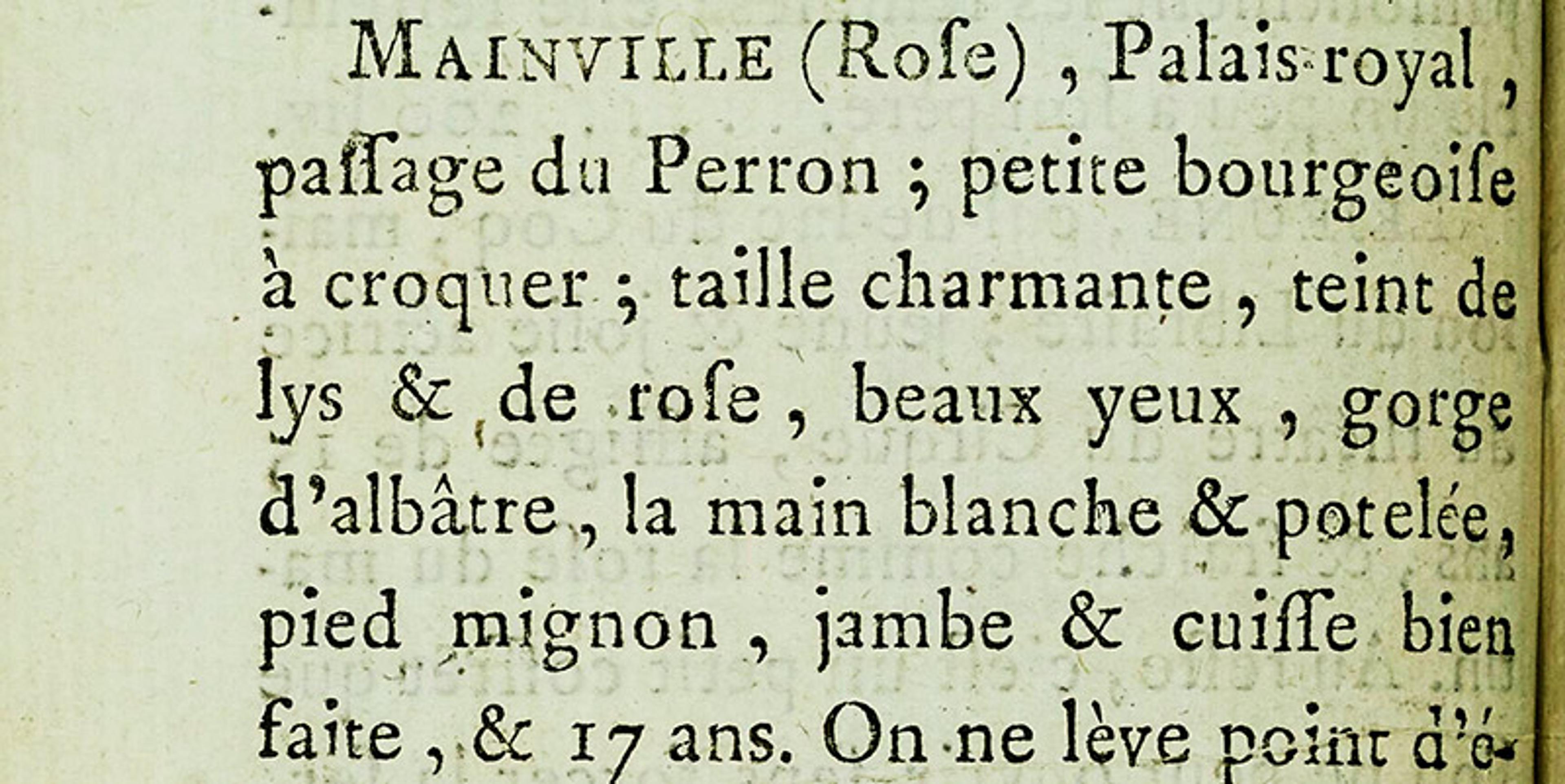 Photograph of an old French text describing a person named Mainville. The text is in a serif font on aged, yellowed paper.