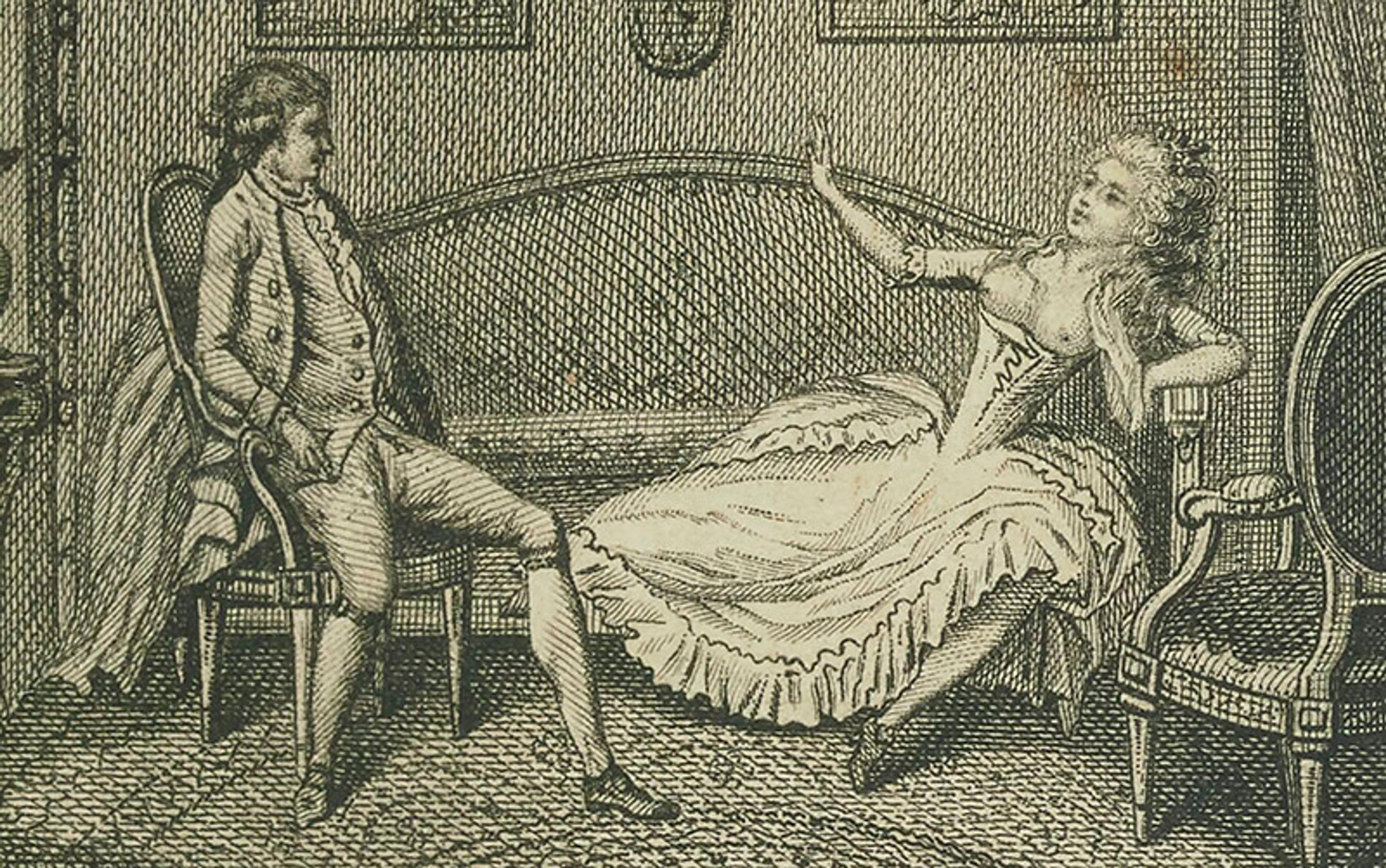 A historical engraving of a man and woman in 18th-century attire seated in a formal room, with the woman’s breasts exposed.