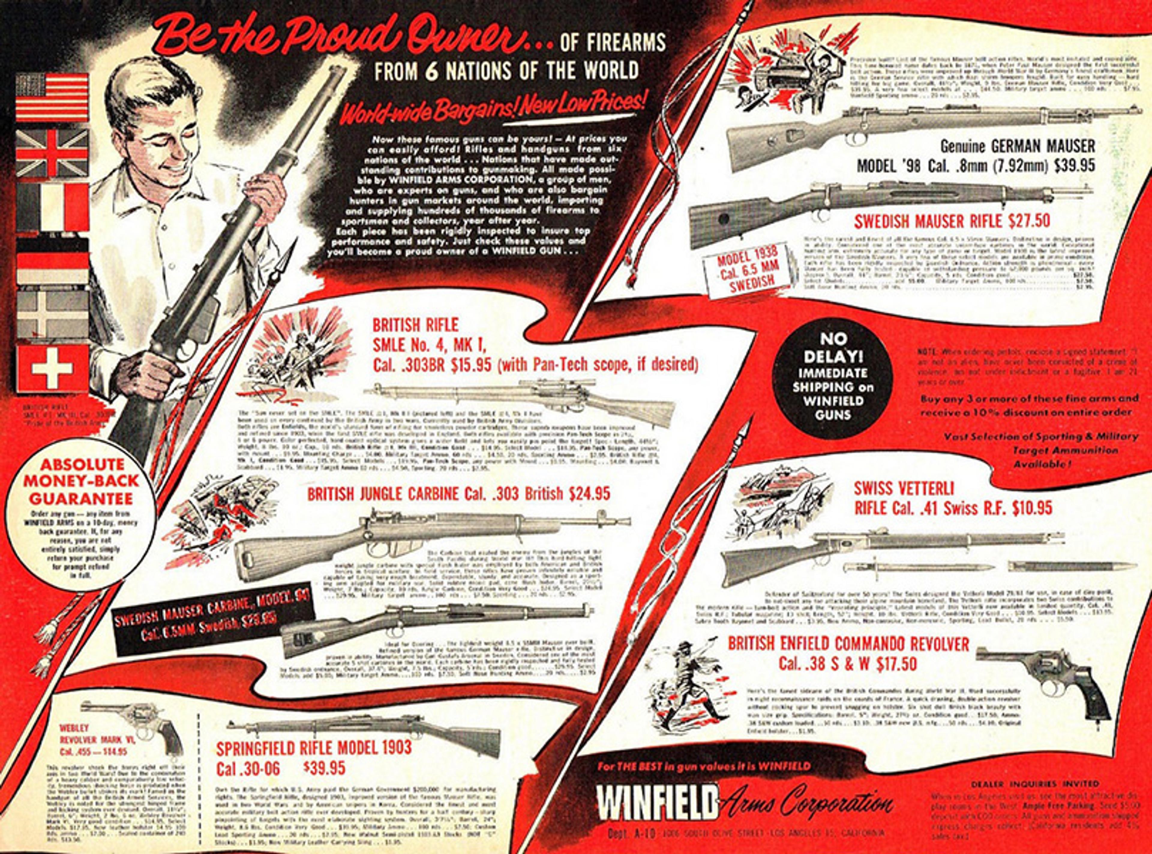 Vintage advert showcasing rifles, carbines and revolvers from six nations with prices and details. Illustration of a man holding a rifle.