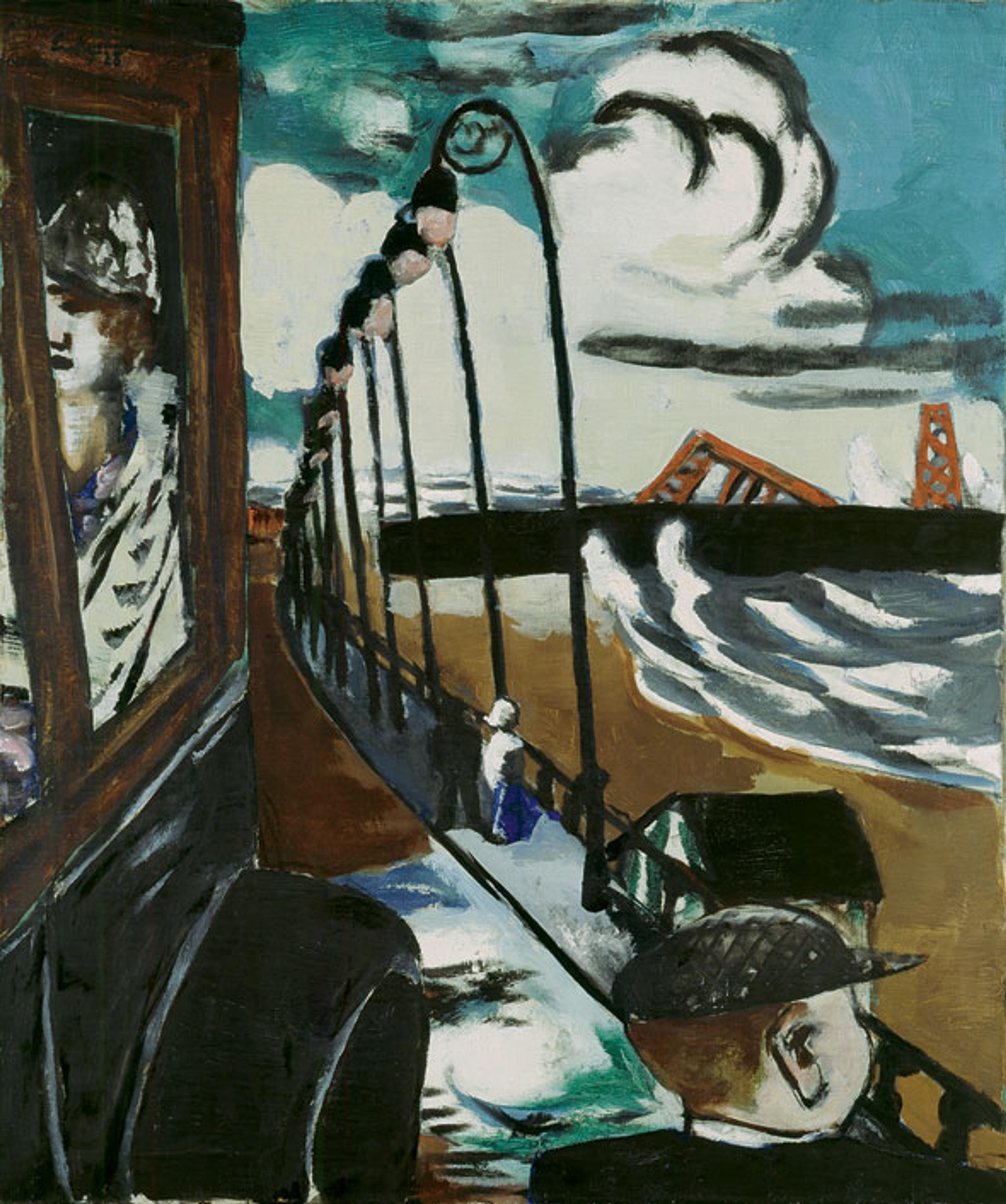 Painting of a seaside pier with waves, a bridge in the background, people walking, and a framed portrait on the left side.