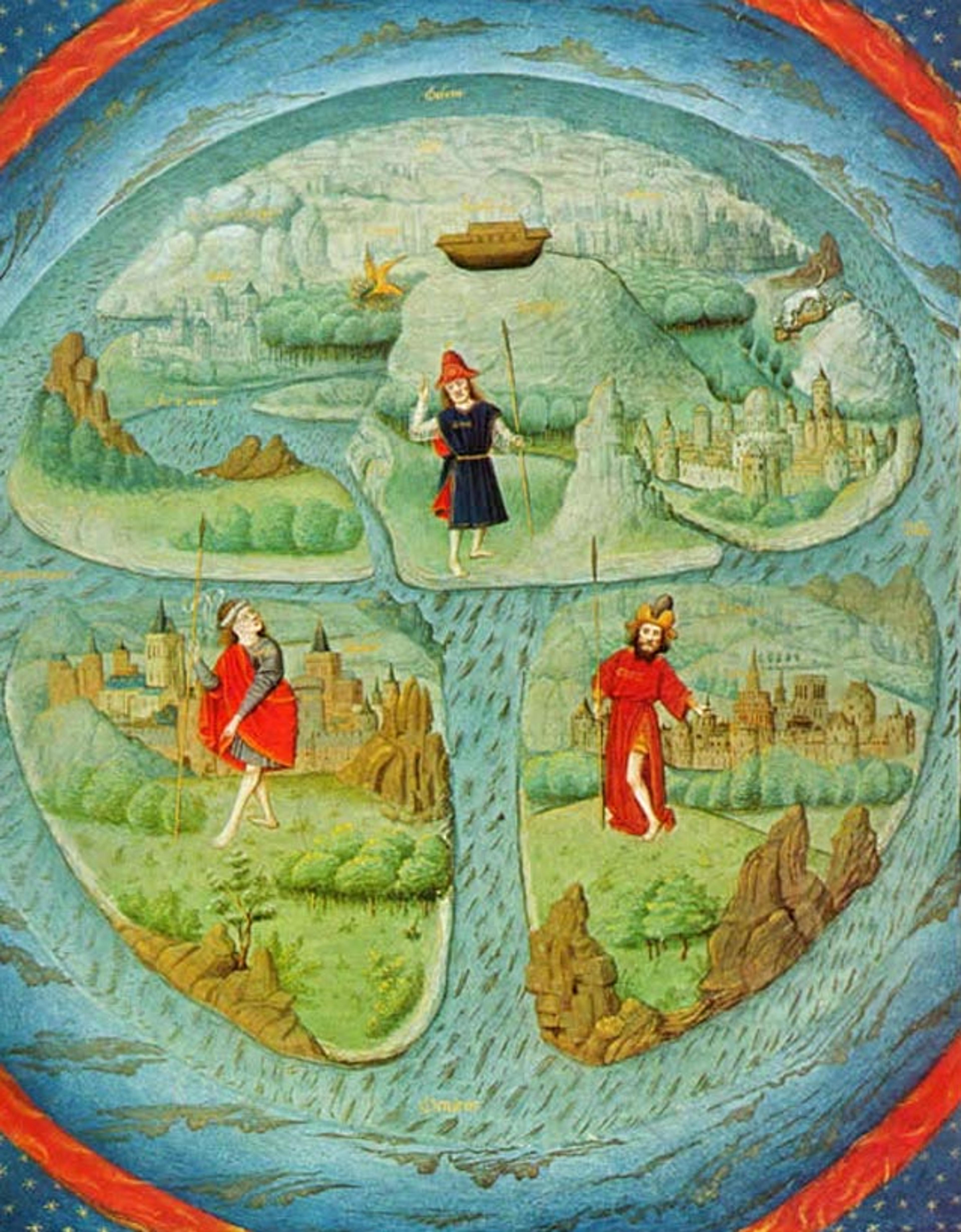 Medieval painting depicting three figures walking within a circular map, surrounded by various landscapes, buildings and water bodies.