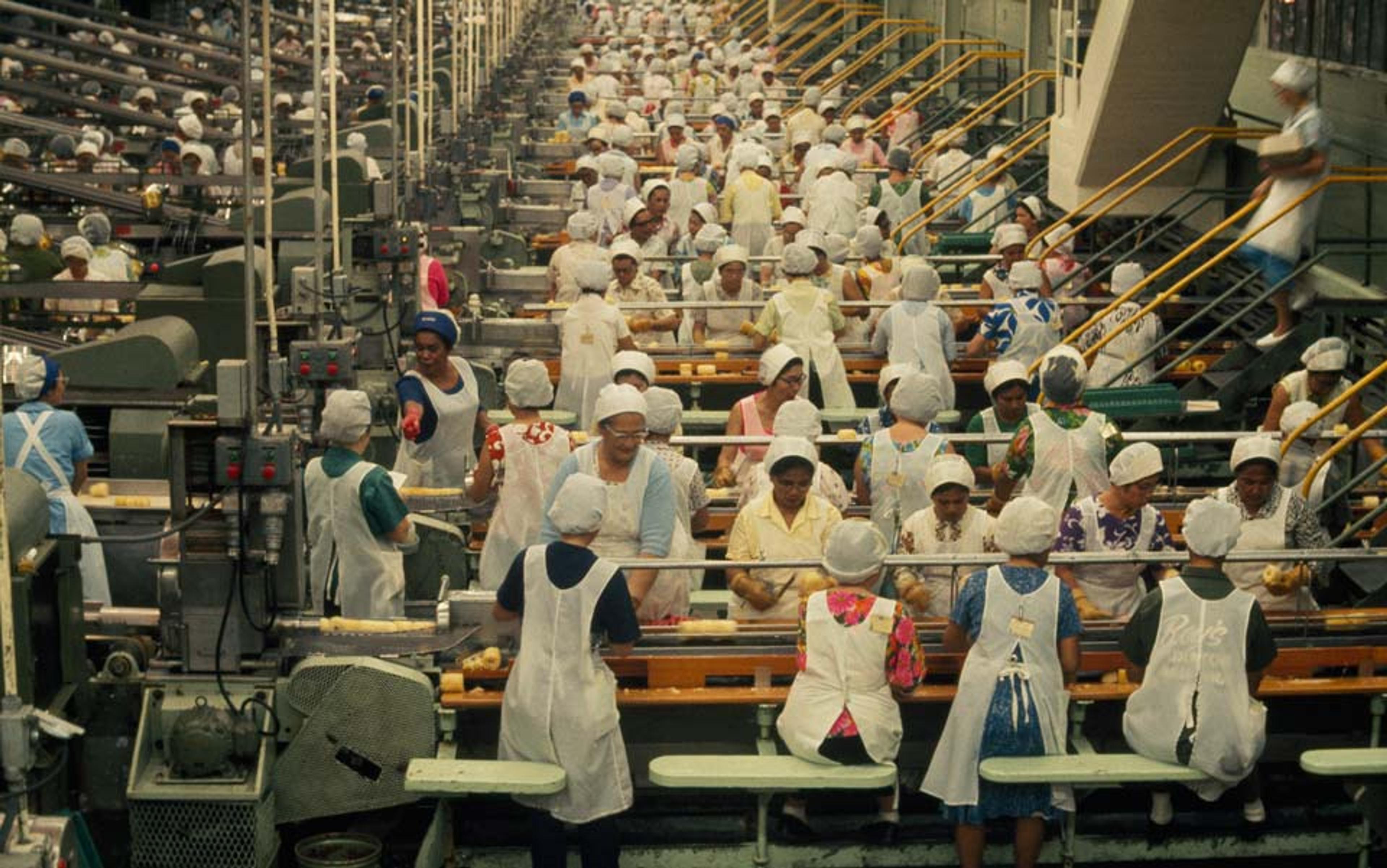 Photo of a busy factory with numerous workers wearing white aprons and hair nets, working on assembly lines, packing produce.