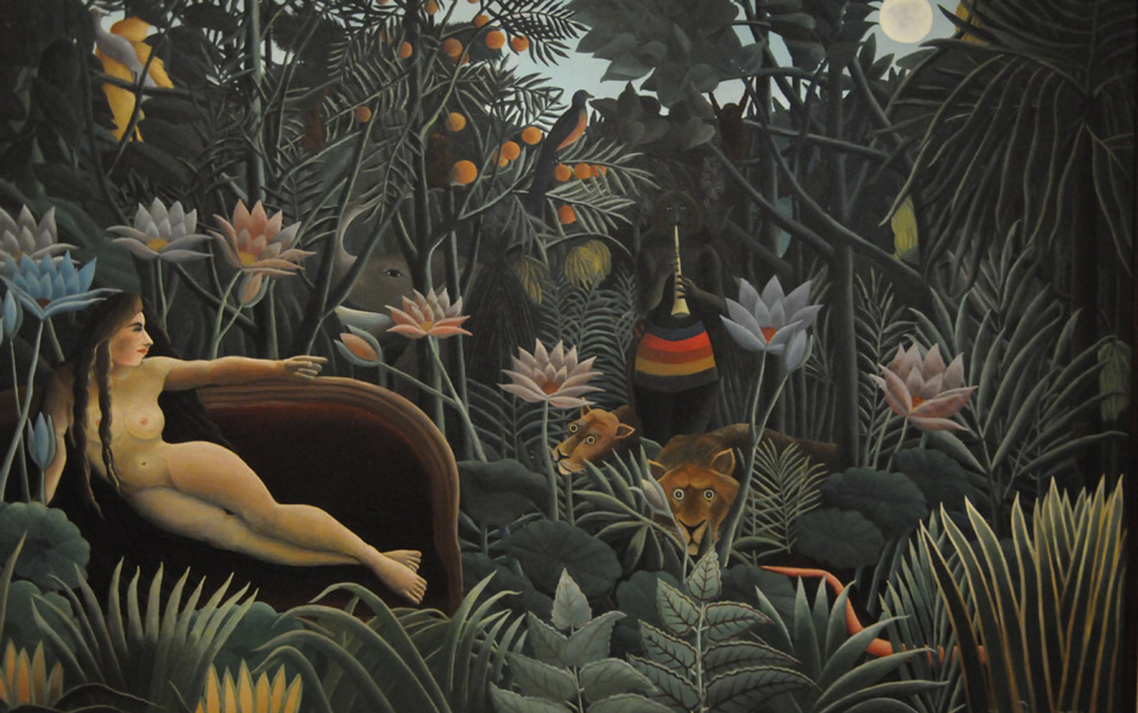 Painting of a nude woman reclining on a couch in a dense jungle at night with exotic flowers, animals, and a musician.