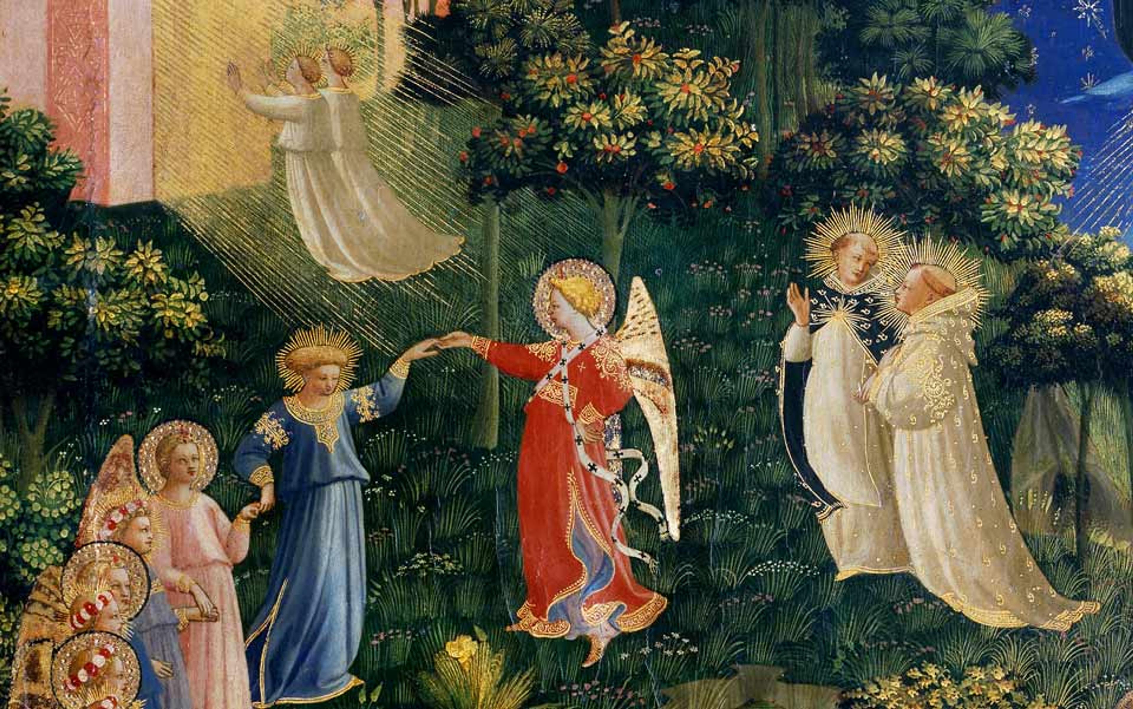 A painting of angels in a lush garden, with one in red holding hands with another in blue. Some angels have haloes and elaborate wings.