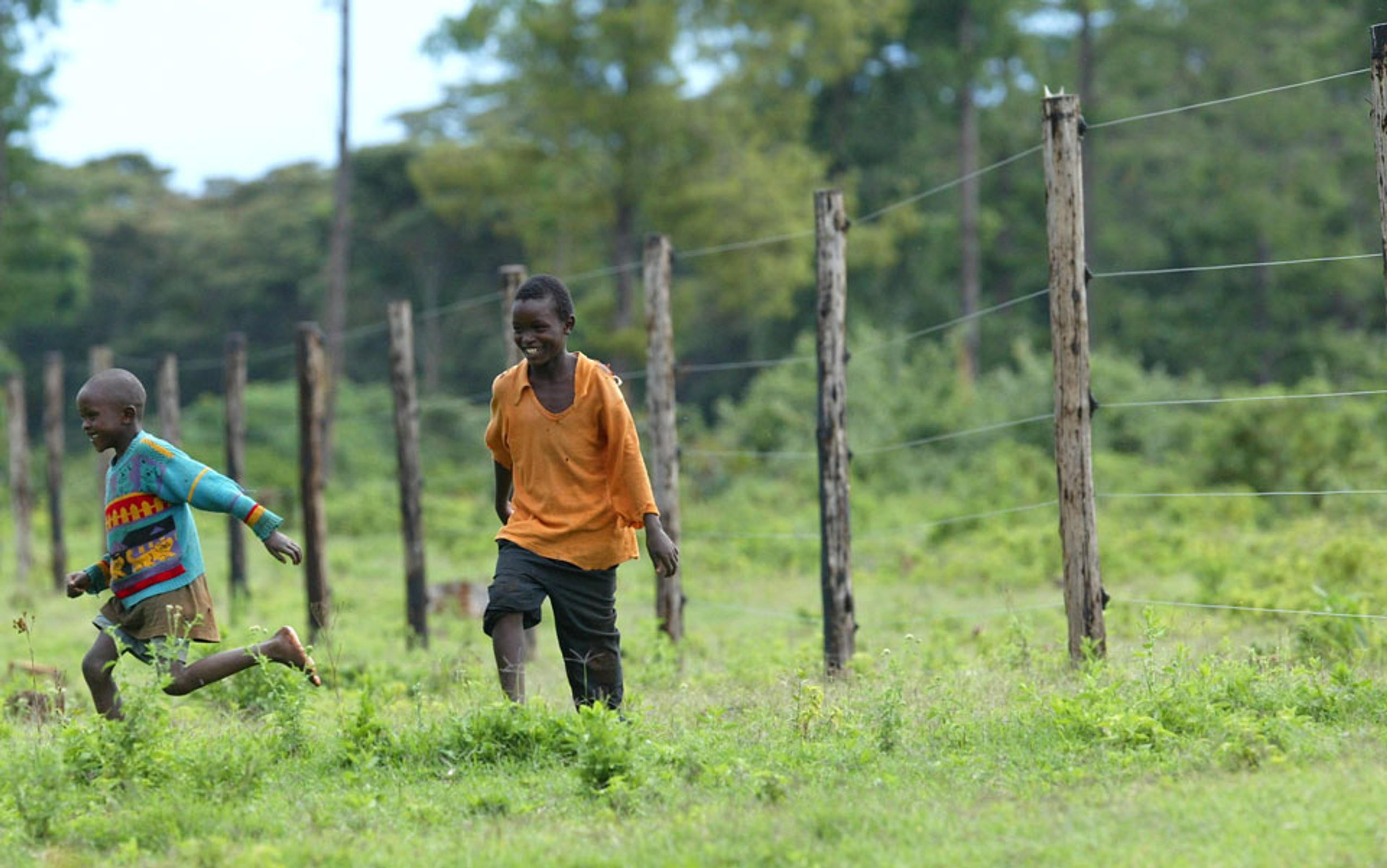 Two Kenyan children running through a grassy field beside a wooden fence, one in a colourful jumper, the other in an orange shirt.