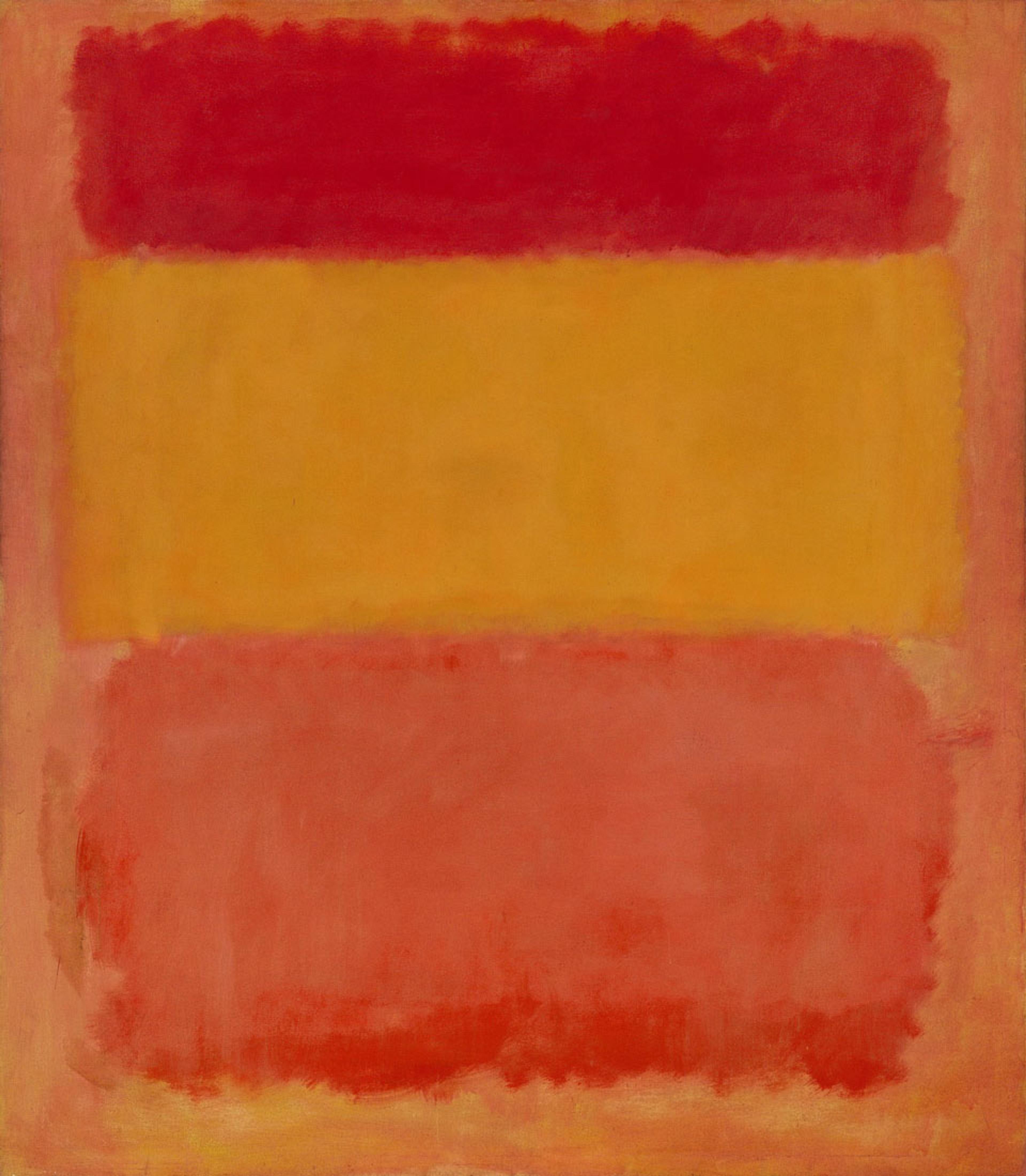 Abstract painting by Mark Rothko with three horizontal rectangles in red, yellow and orange colours, featuring soft, blurred edges.