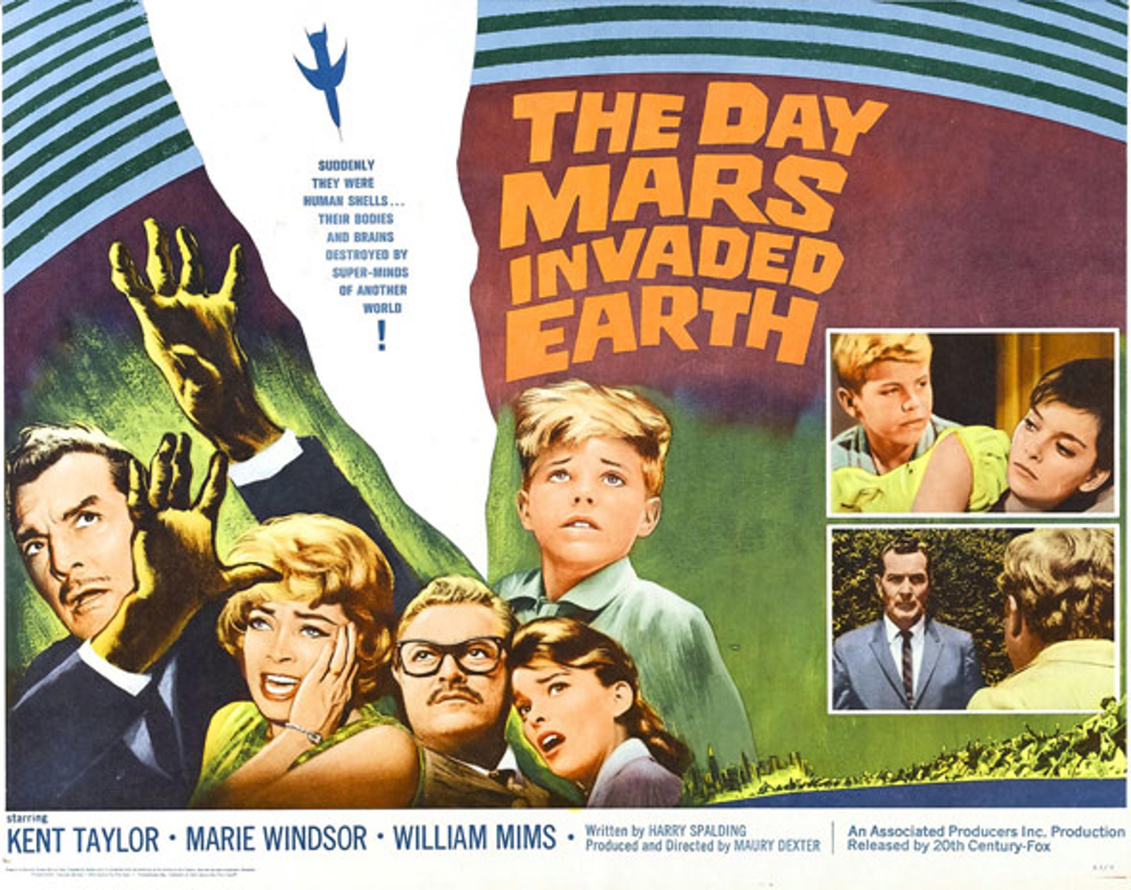 Poster for the film “The Day Mars Invaded Earth” depicting distressed characters, a monstrous hand, and smaller images of actors in scenes.