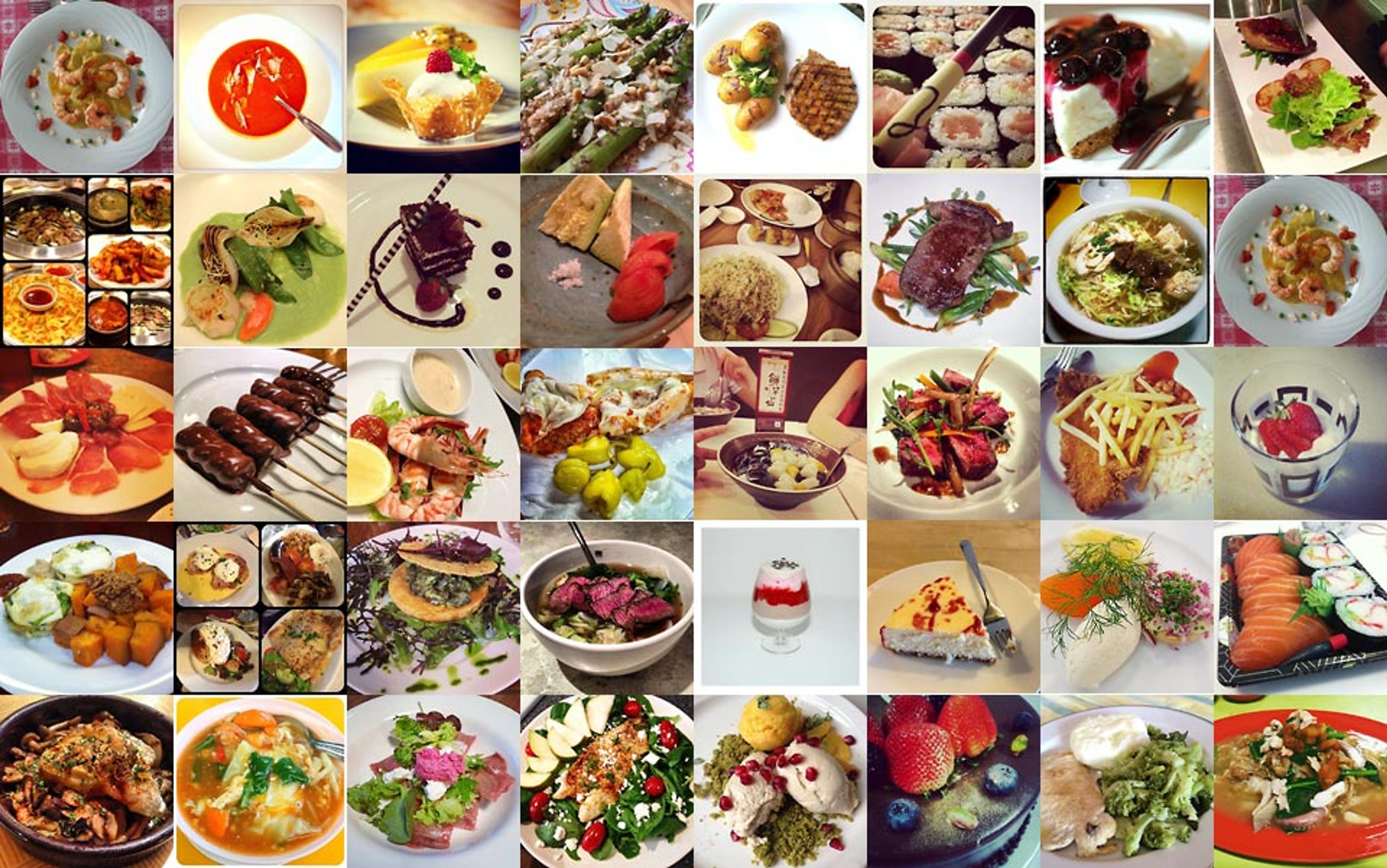Collage of various dishes featuring sushi, grilled meats, desserts, salads and more. Image is arranged in a grid pattern.