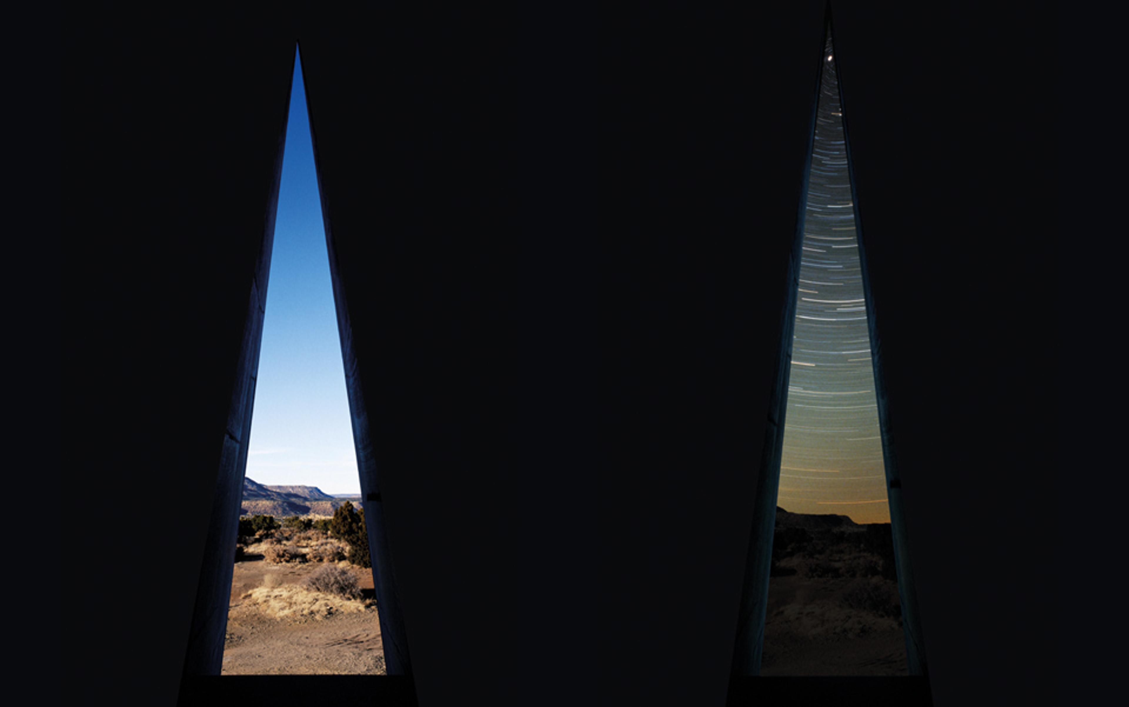 Photo of a triangular opening showing desert landscape; left view is daytime with blue sky, right view is night-time with star trails.