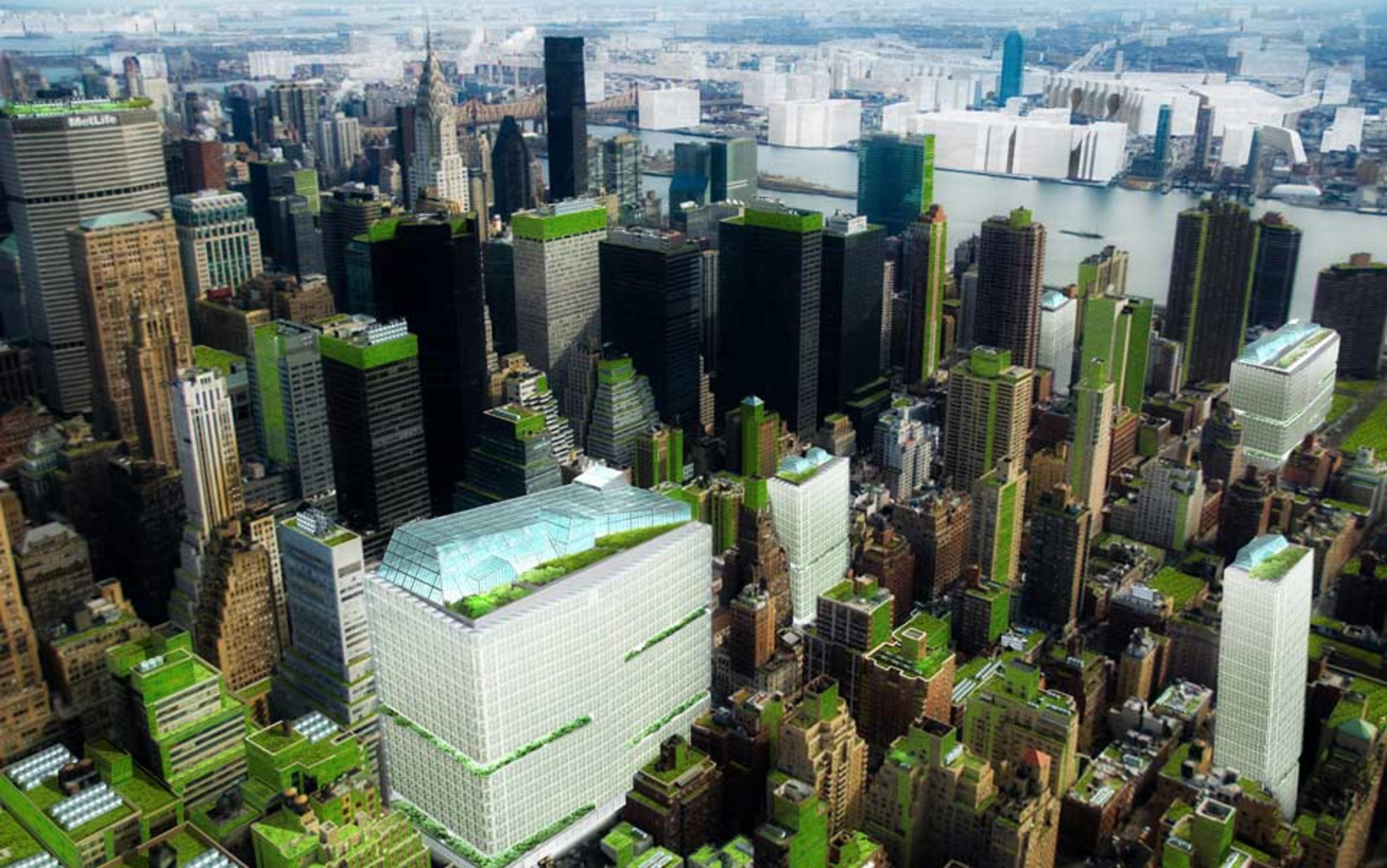 Painting of a cityscape featuring skyscrapers with green rooftop gardens and terraces alongside a river in the background.