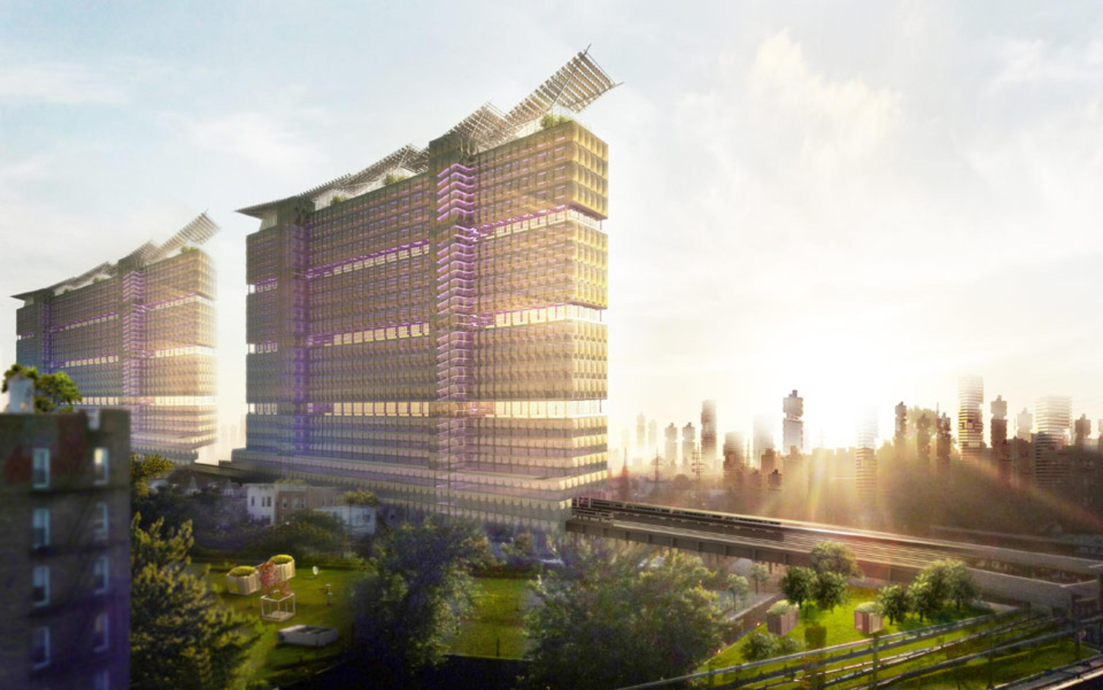 Rendering of modern skyscrapers with solar panels at sunset, surrounded by greenery and a cityscape in the background.