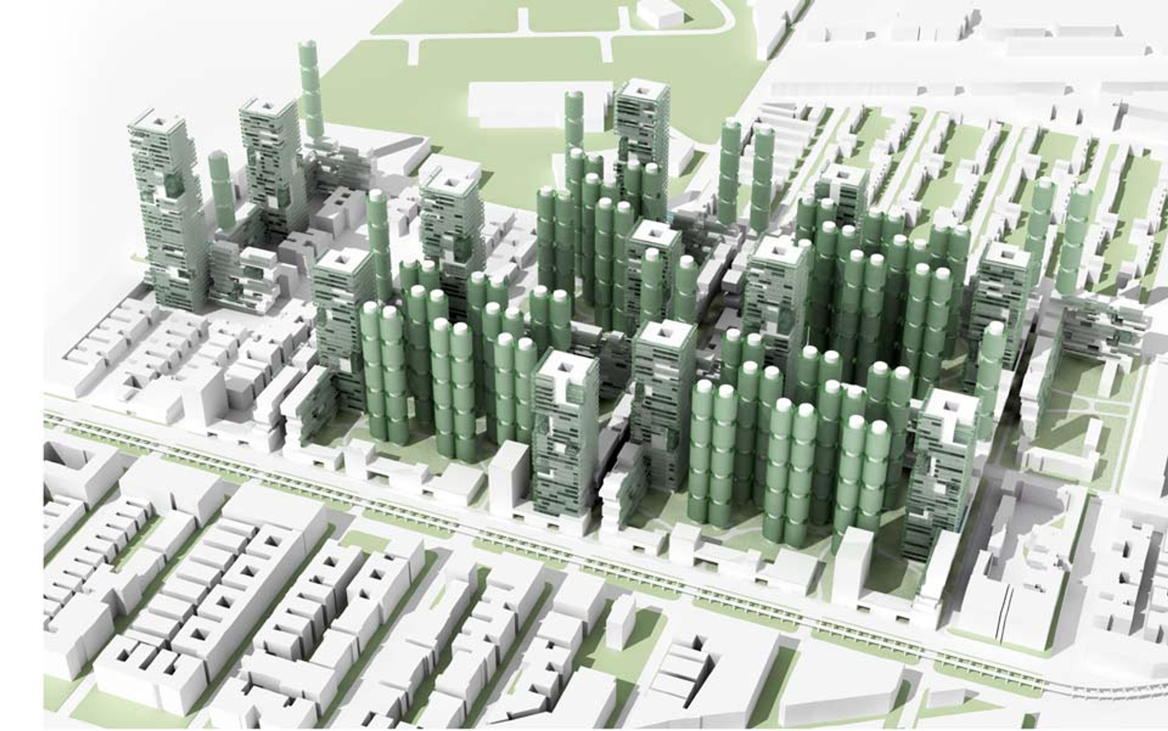 Architectural rendering showing a futuristic cityscape with densely packed green skyscrapers among smaller white buildings.