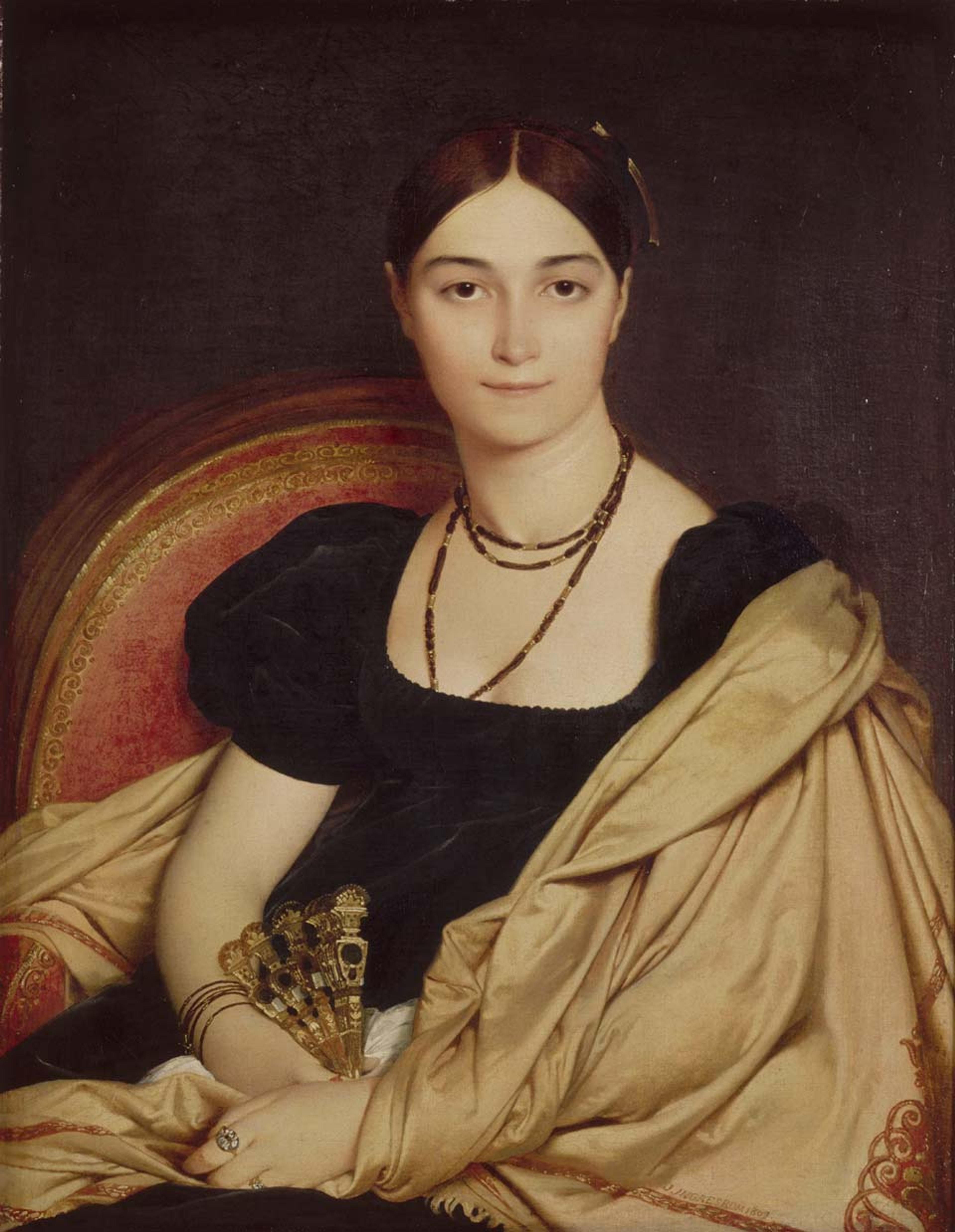 Painting of a woman seated on a chair, wearing a black dress with a gold shawl, holding a fan and adorned with jewellery and a necklace.