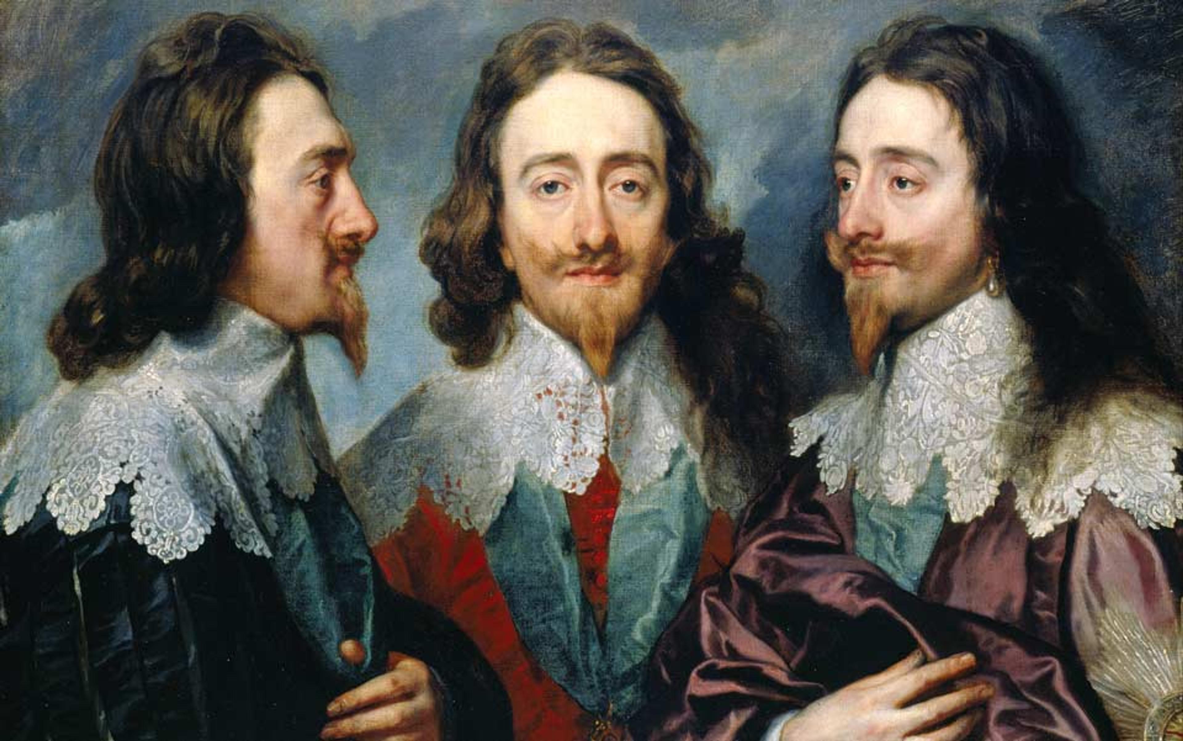A painting showing three portraits of the same man with a moustache and beard in different poses wearing elaborate lace collars.