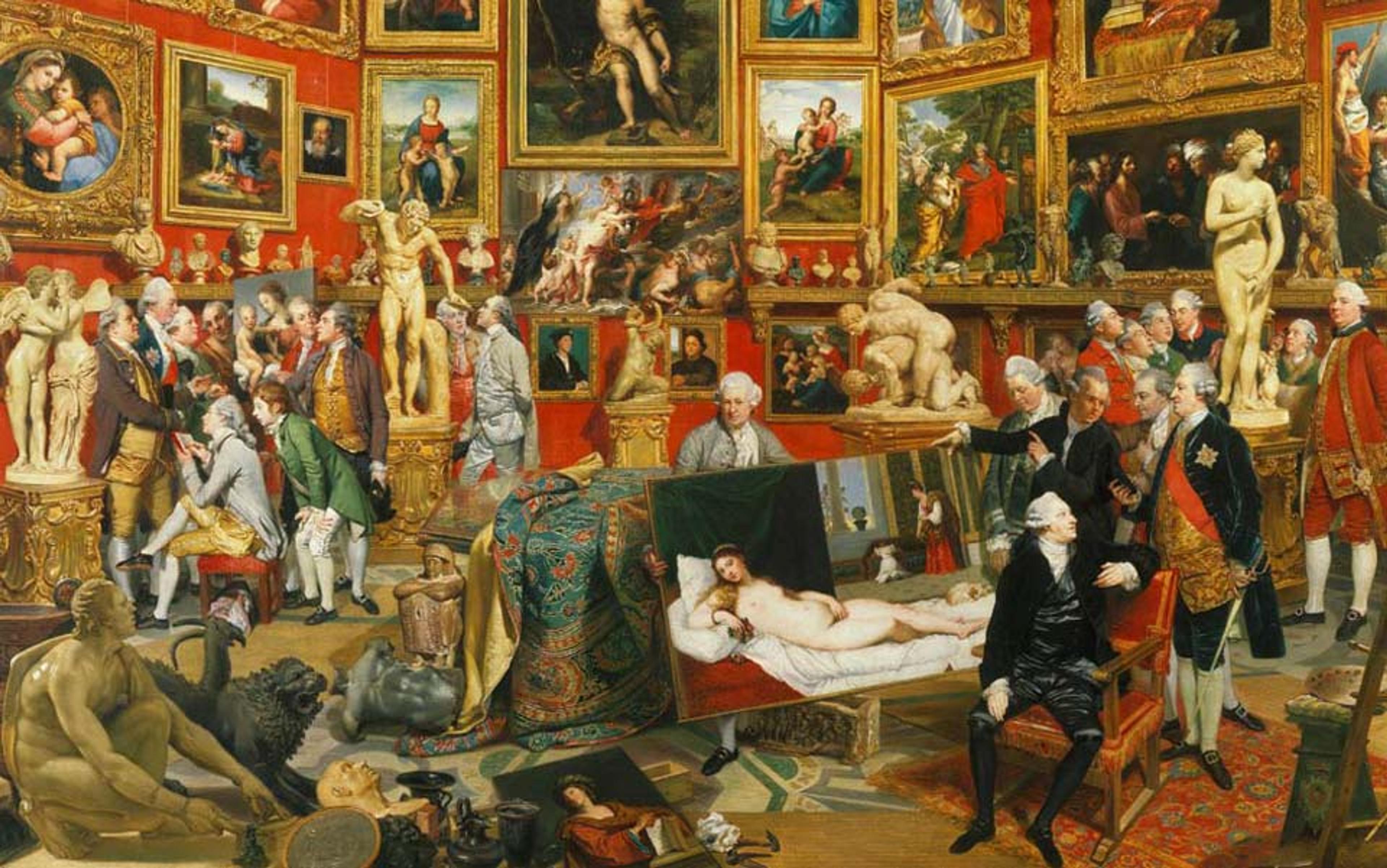 Painting of people in an art gallery filled with classical paintings, sculptures and artefacts. Many figures are admiring the artworks.