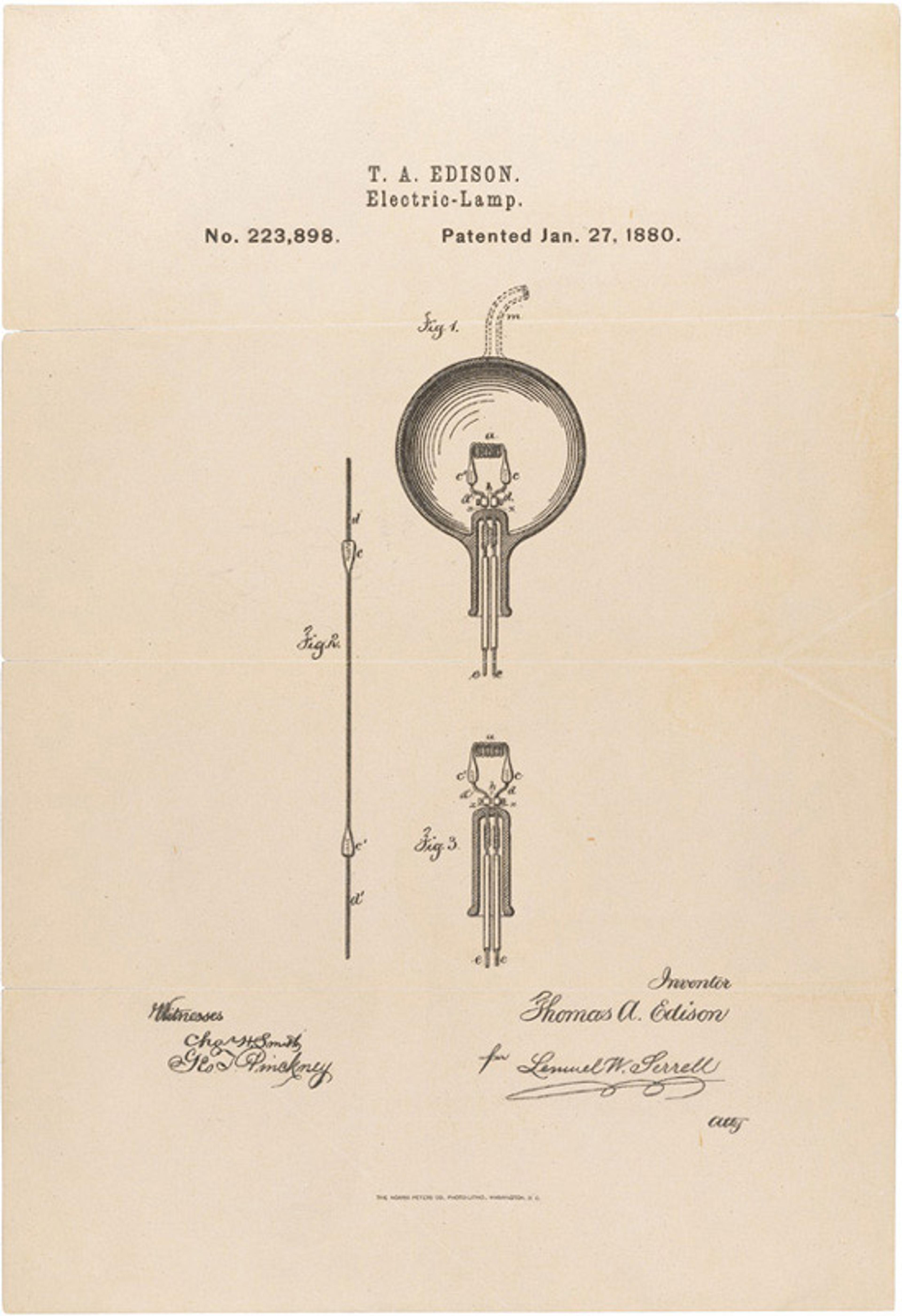 Black and white drawing of Thomas Edison’s 1880 electric lamp patent, showing technical diagrams and signatures on a beige background.