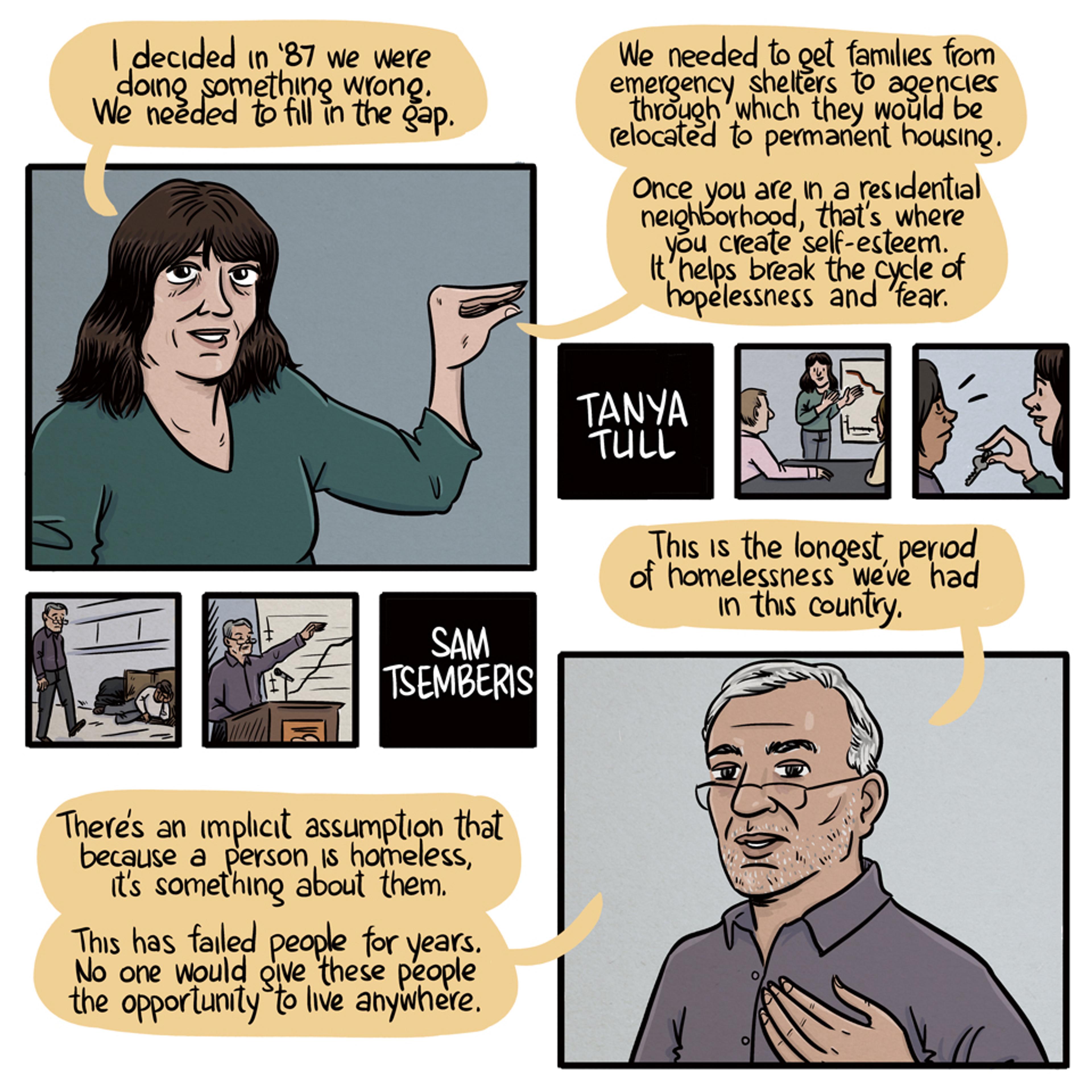 Comic-style illustration showing Tanya Tull and Sam Tsemberis discussing solutions for homelessness with speech balloons explaining their approaches.