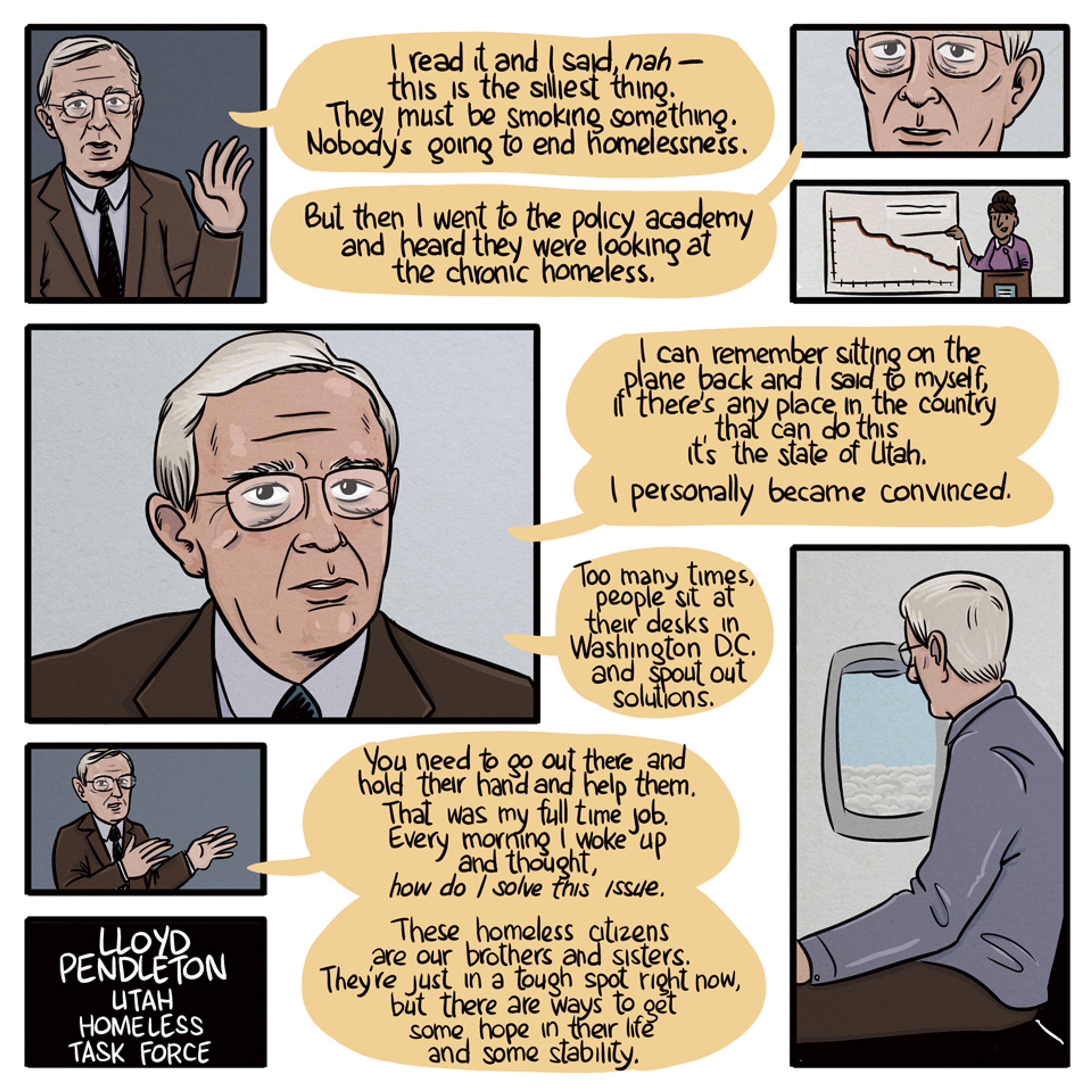 Cartoon-style comic strip showing a man discussing efforts to end homelessness, with captions, charts and a view from an aeroplane.