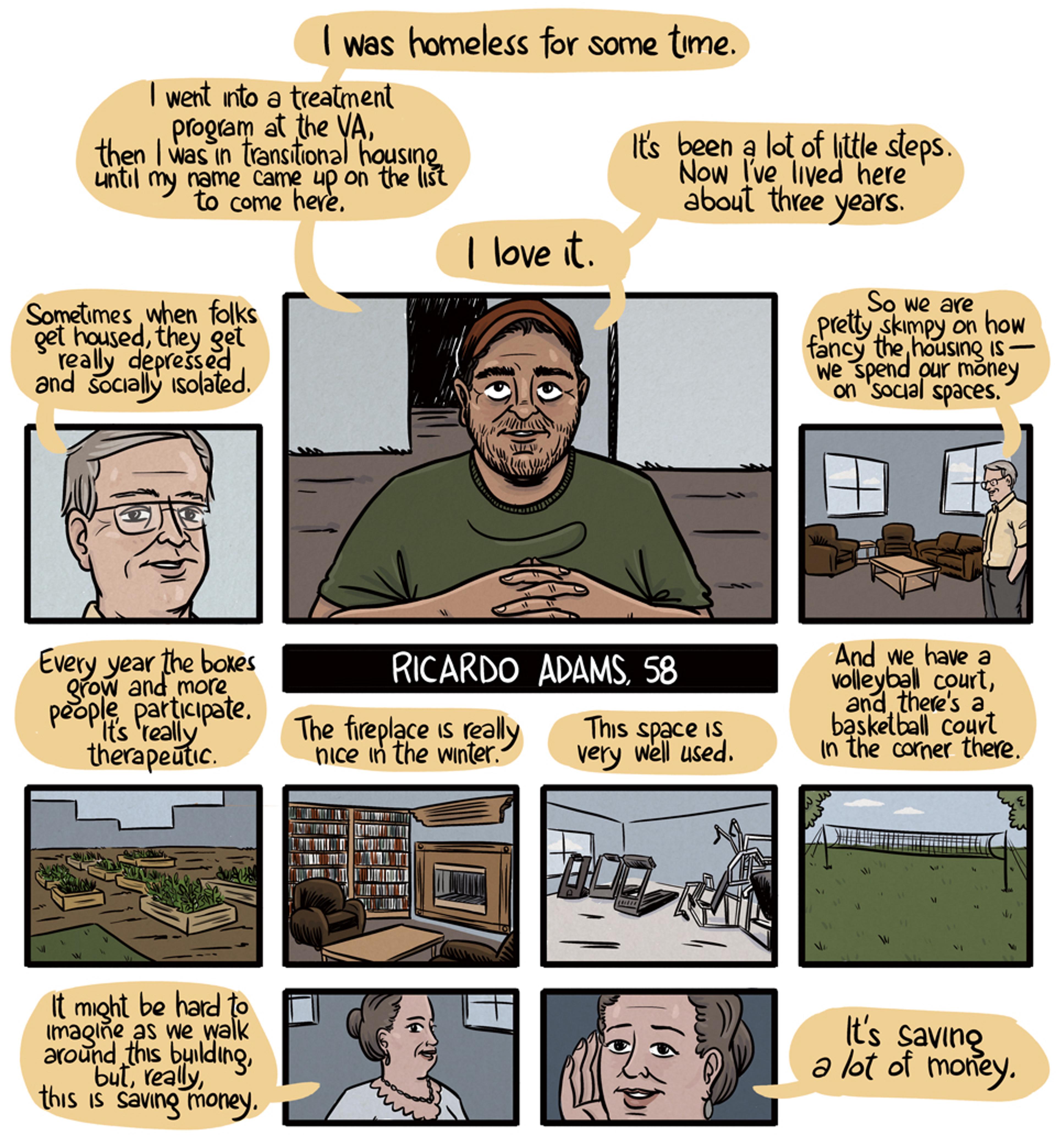 Comic strip depicting Ricardo Adams describing his transition from homelessness to living in a supportive housing community.