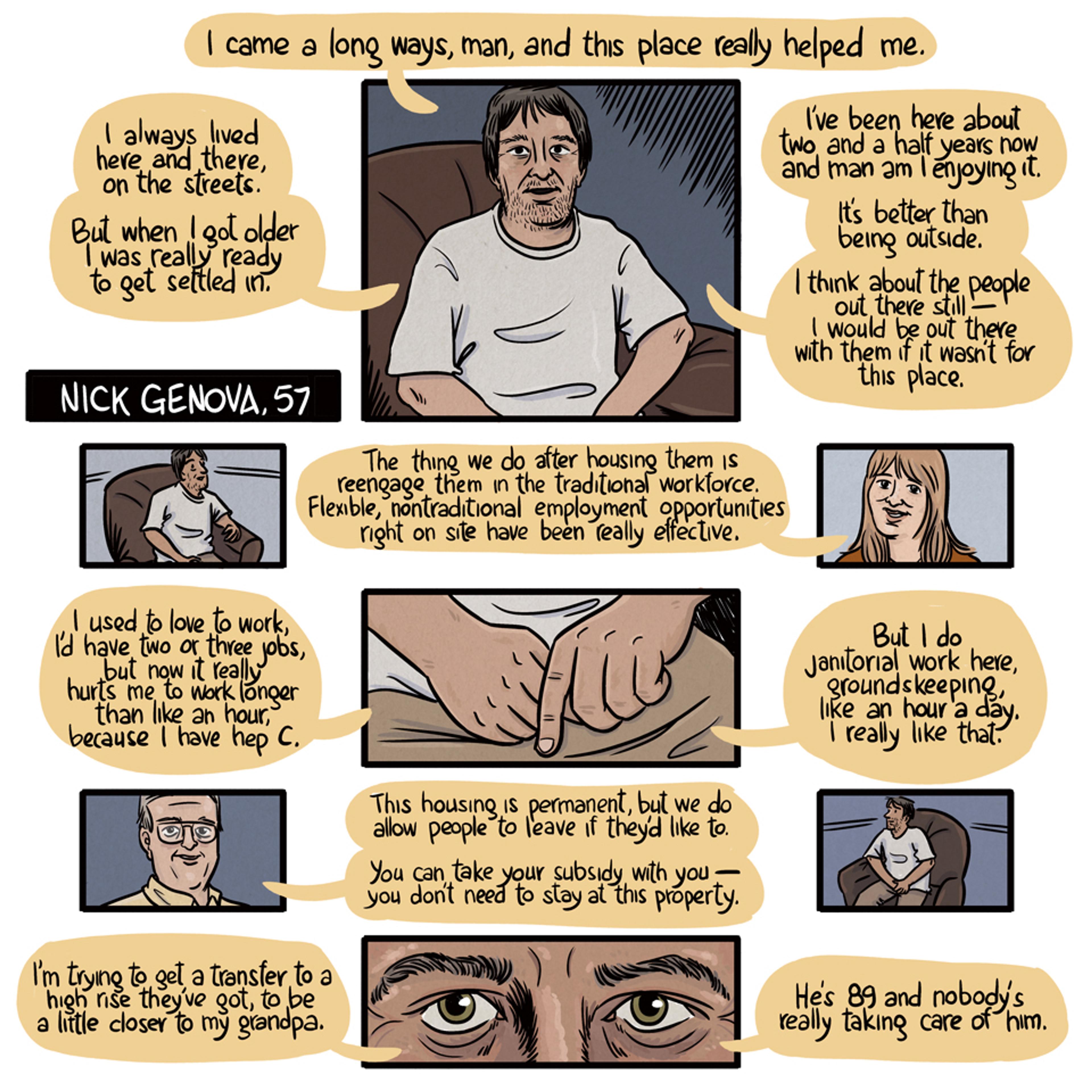 Illustrated comic-style image depicting a man named Nick Genova sharing his experiences about housing and employment support.