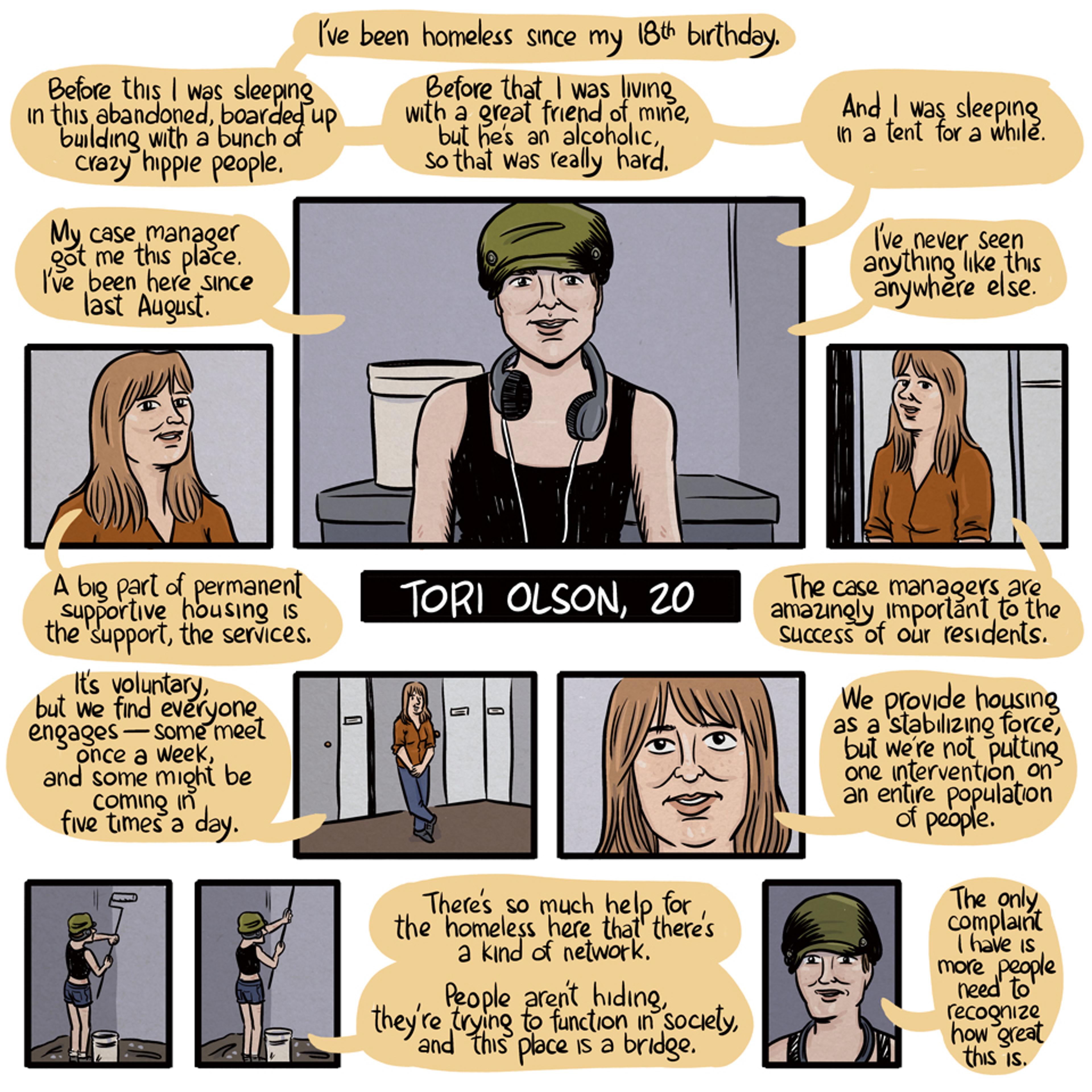 Comic illustration of a 20-year-old discussing her experiences with homelessness and supportive housing, featuring text and dialogue bubbles.