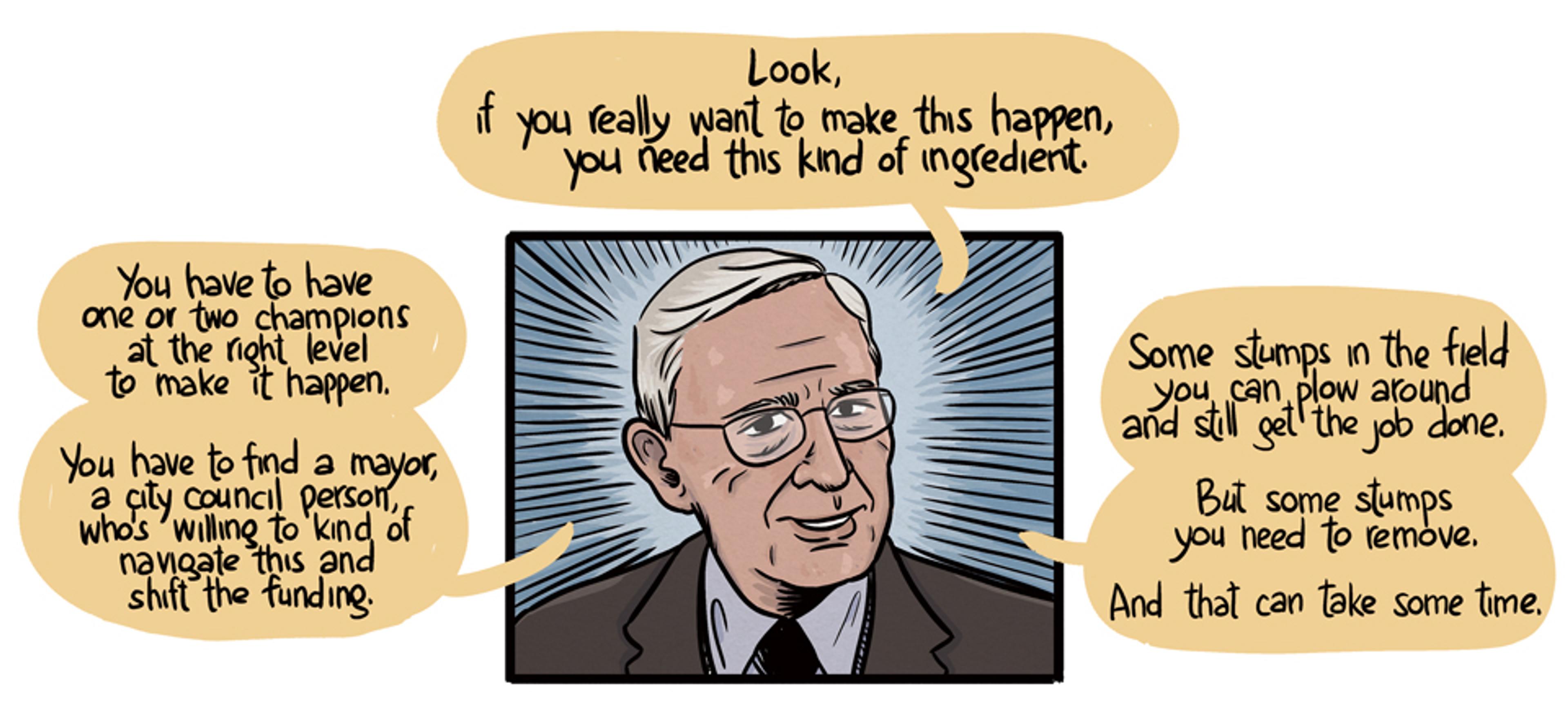 Illustration of an older man speaking. Four speech bubbles surround him with various quotes about leadership and overcoming obstacles.