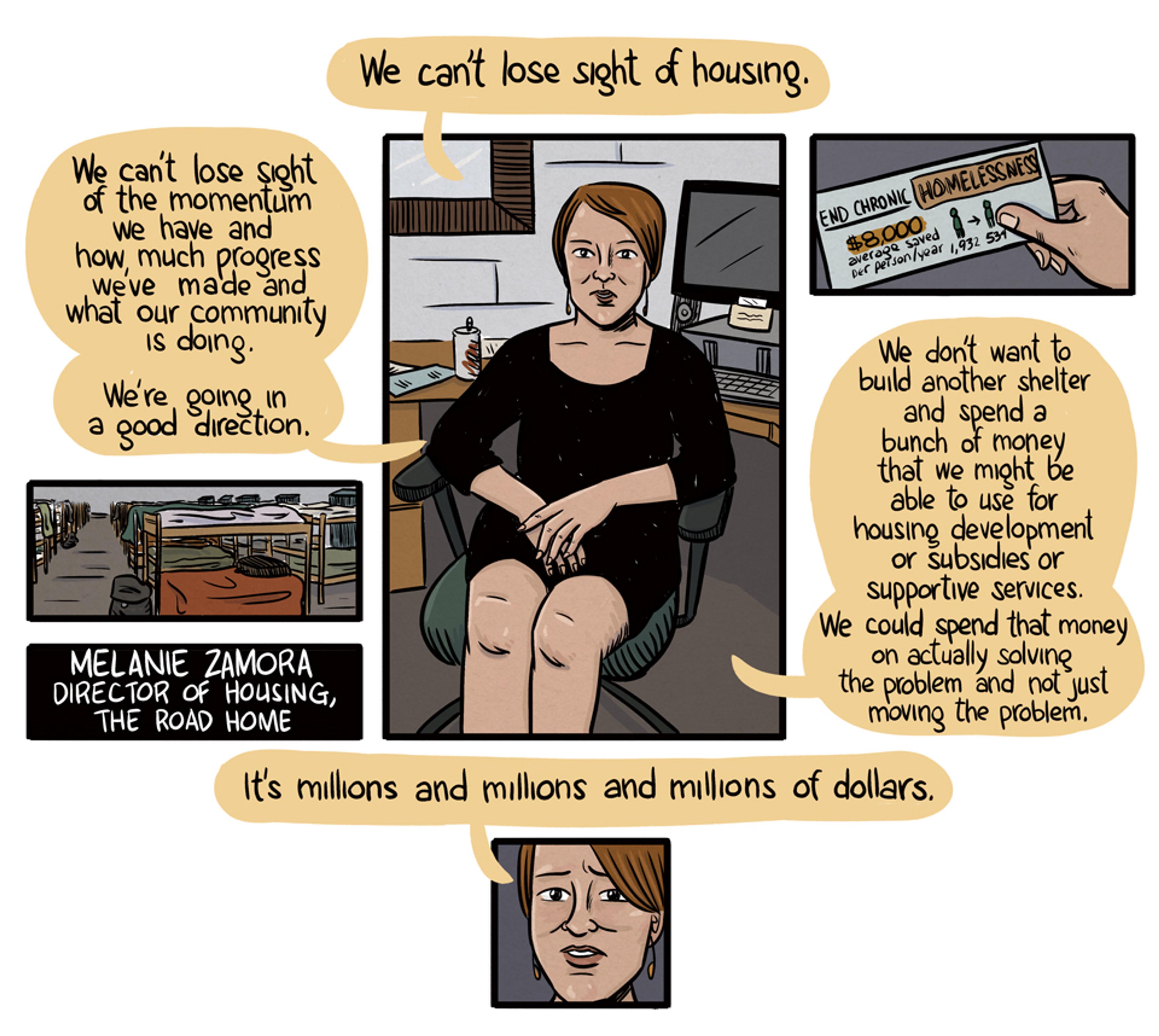 Painting of a woman speaking about housing, surrounded by text: “We can’t lose sight of housing” and other housing-related messages.