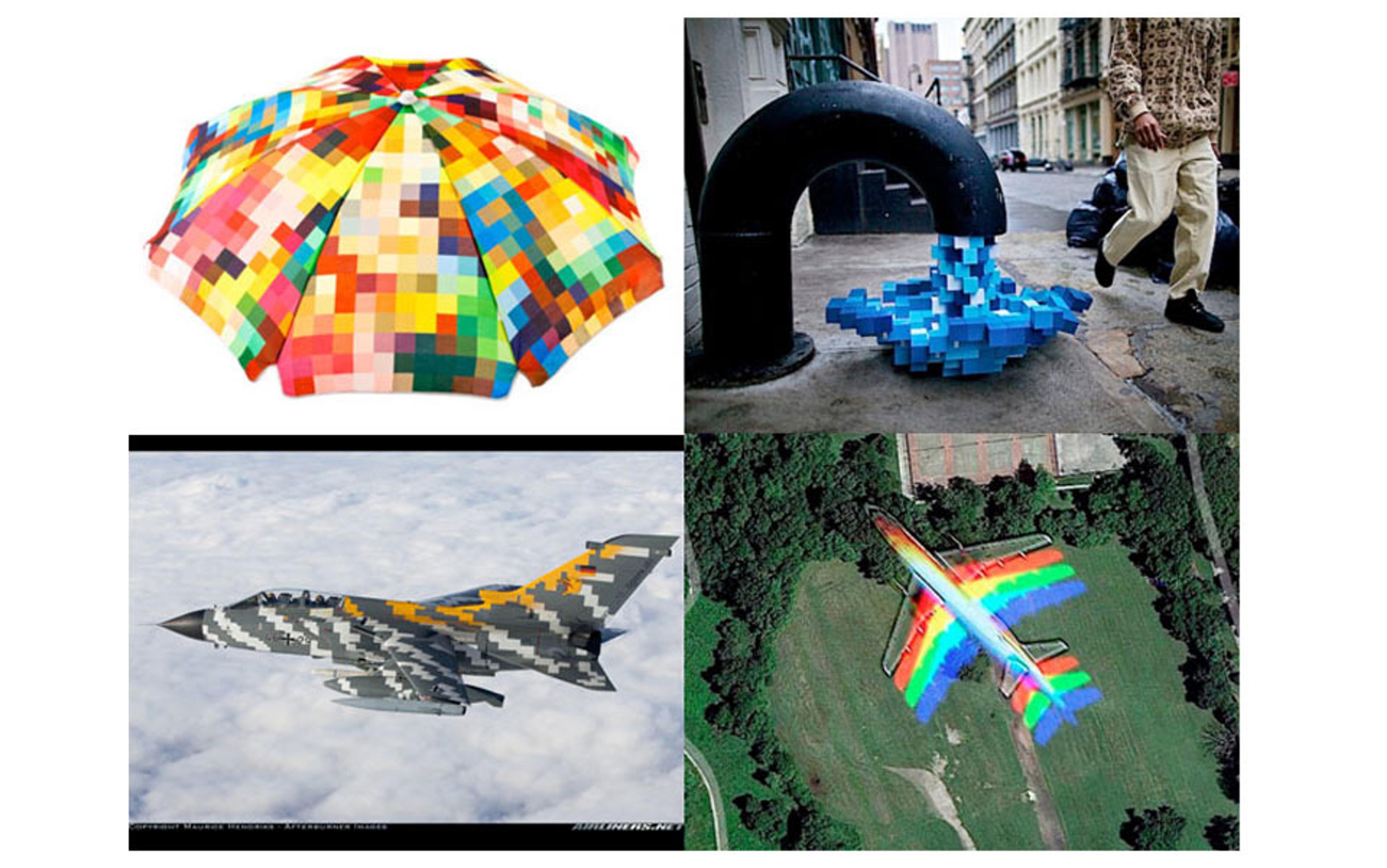 A collage of four pixelated art images: an umbrella, a blue water flow from a pipe, a jet flying through clouds, and a jet over grass.