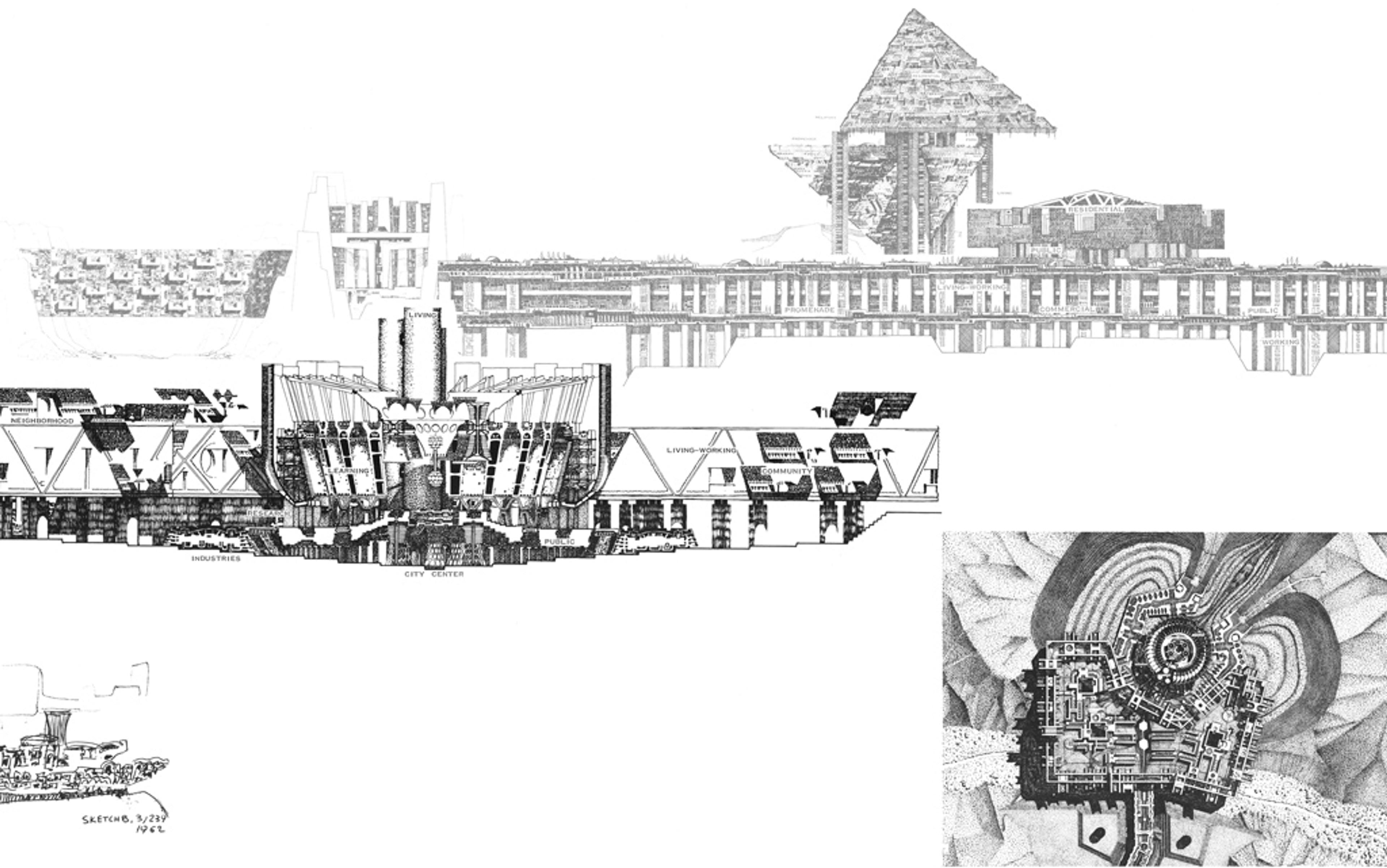 Architectural drawing showing a cross-section and top-down view of a futuristic city with labelled areas like industries and city centre.