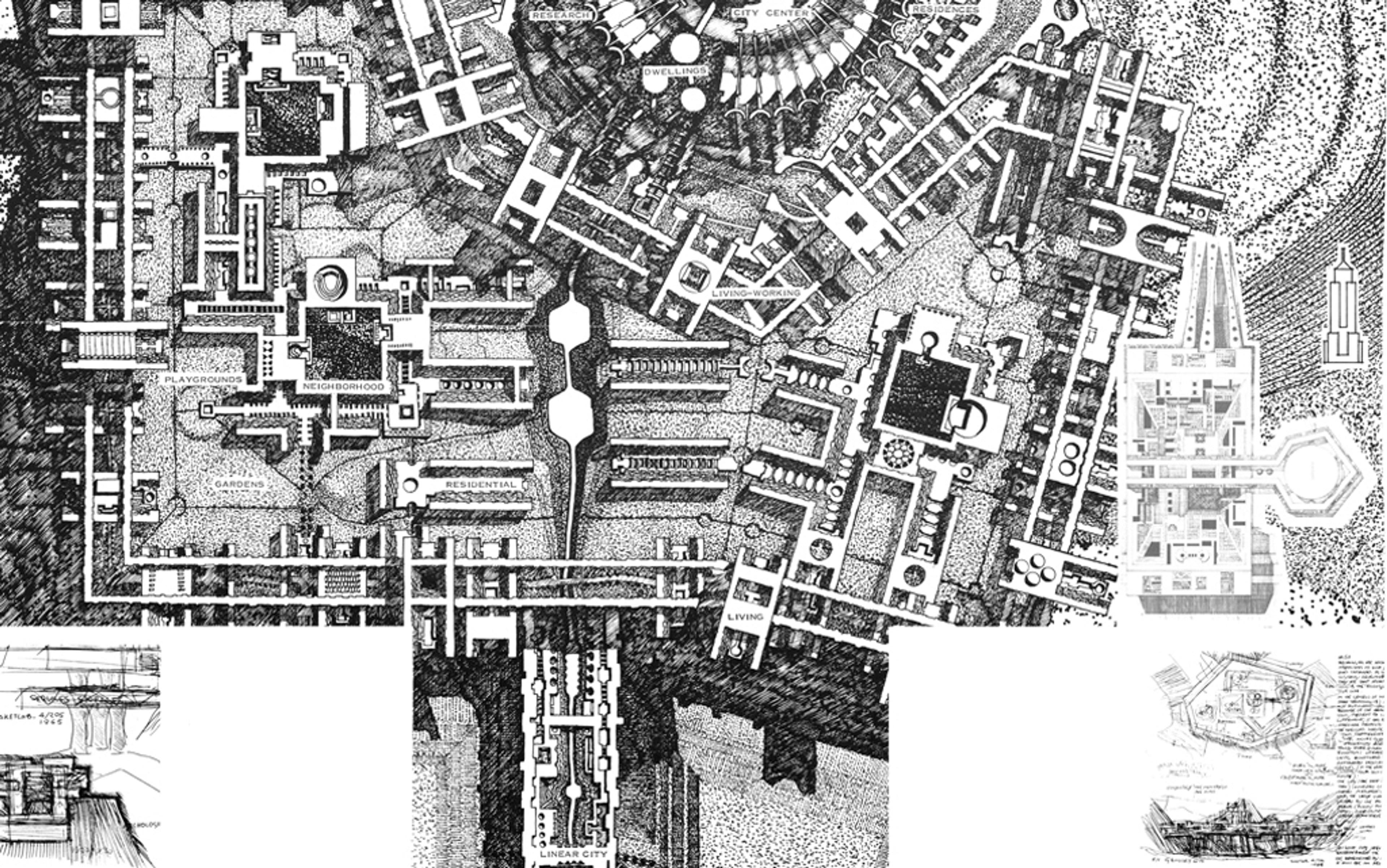 Black and white architectural drawing showing a detailed city plan with various labelled sections such as neighbourhood, playgrounds and gardens.