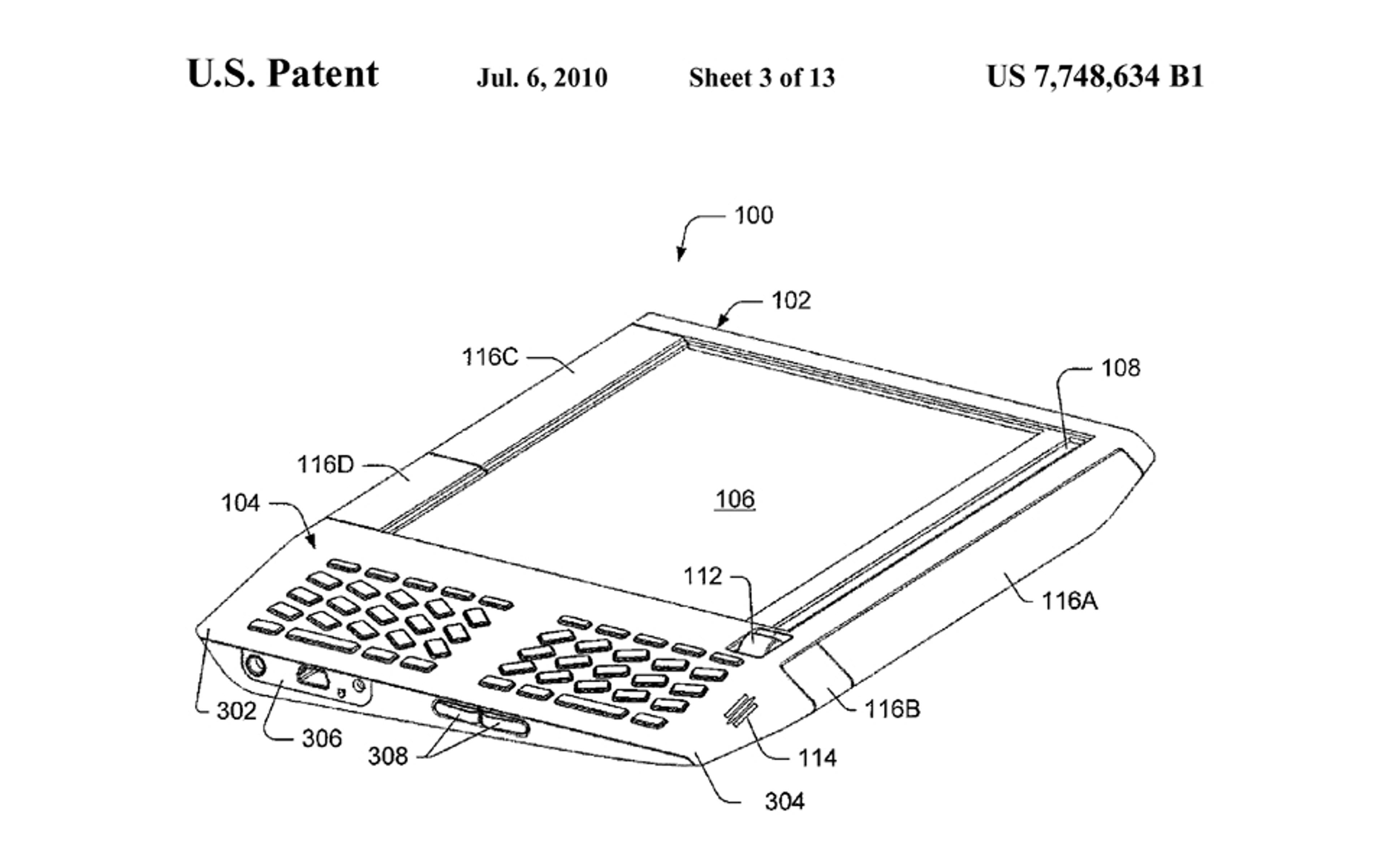 Patent diagram of an electronic device with a screen and physical keyboard, labelled with components, dated 6 July 2010, US 7,748,634 B1.