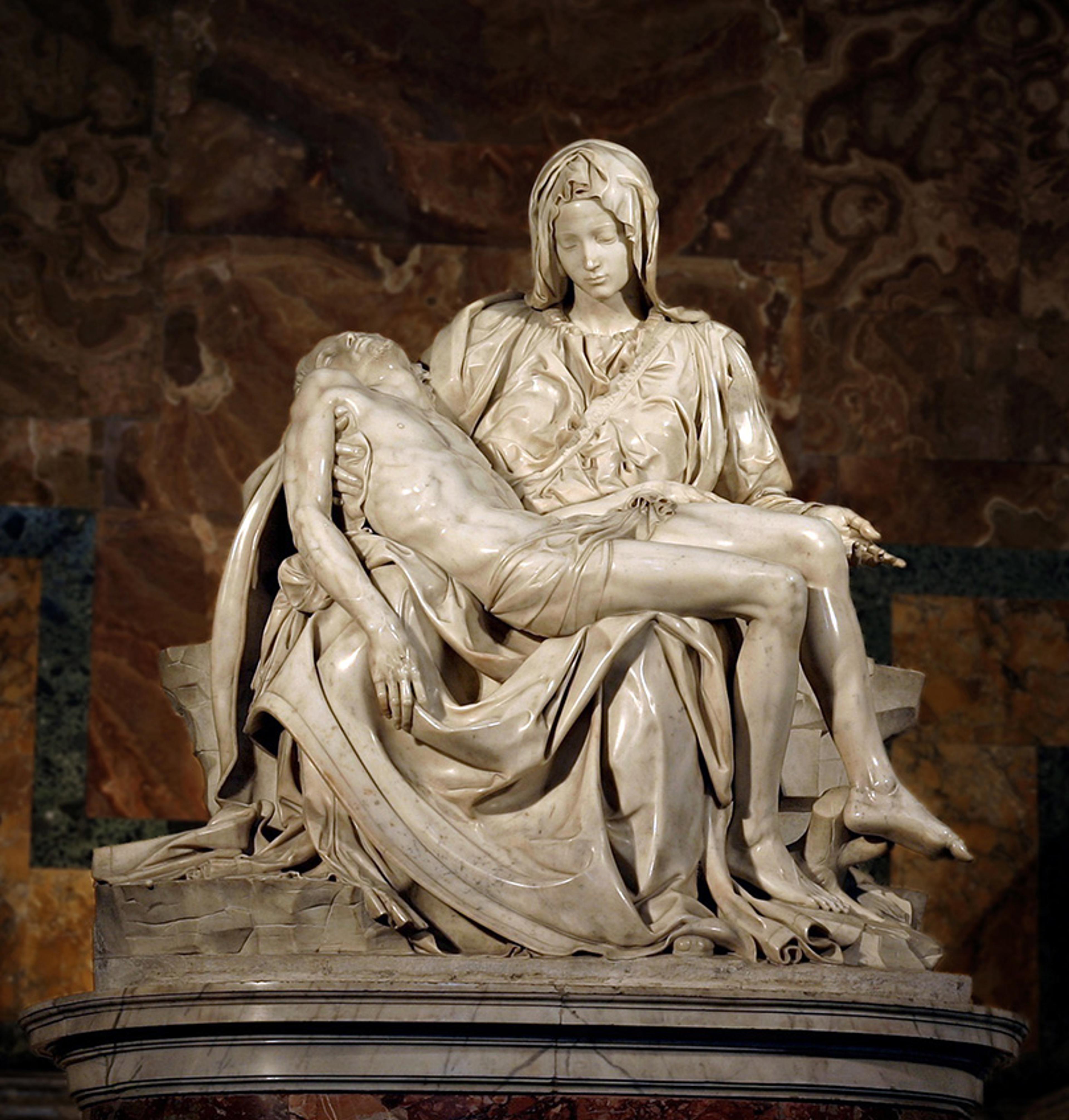 Marble statue depicting a woman holding a lifeless man in her lap, characterised by detailed drapery and emotional expression.