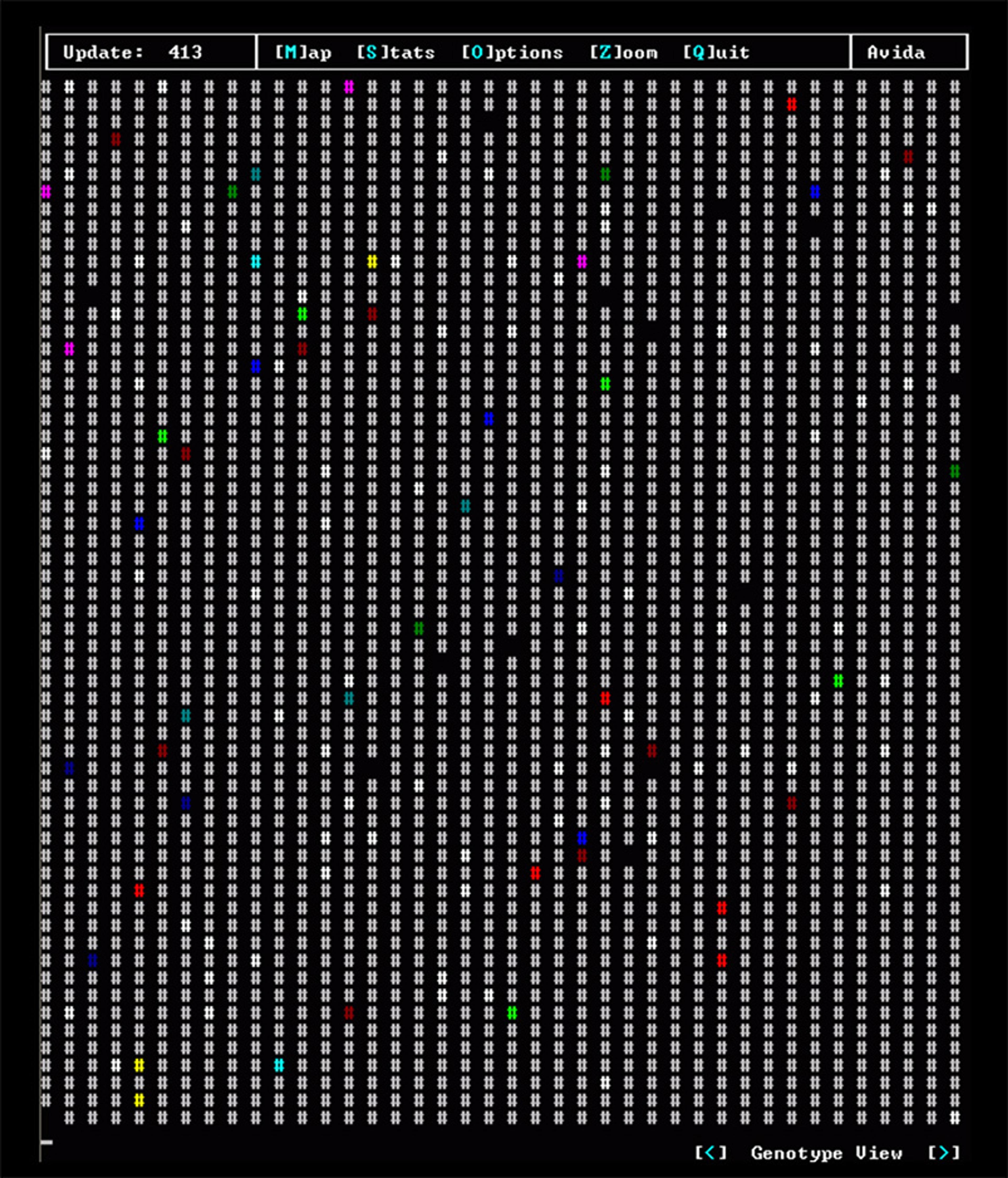 Screenshot of a computer program showing a grid of white symbols interspersed with various coloured symbols on a black background.