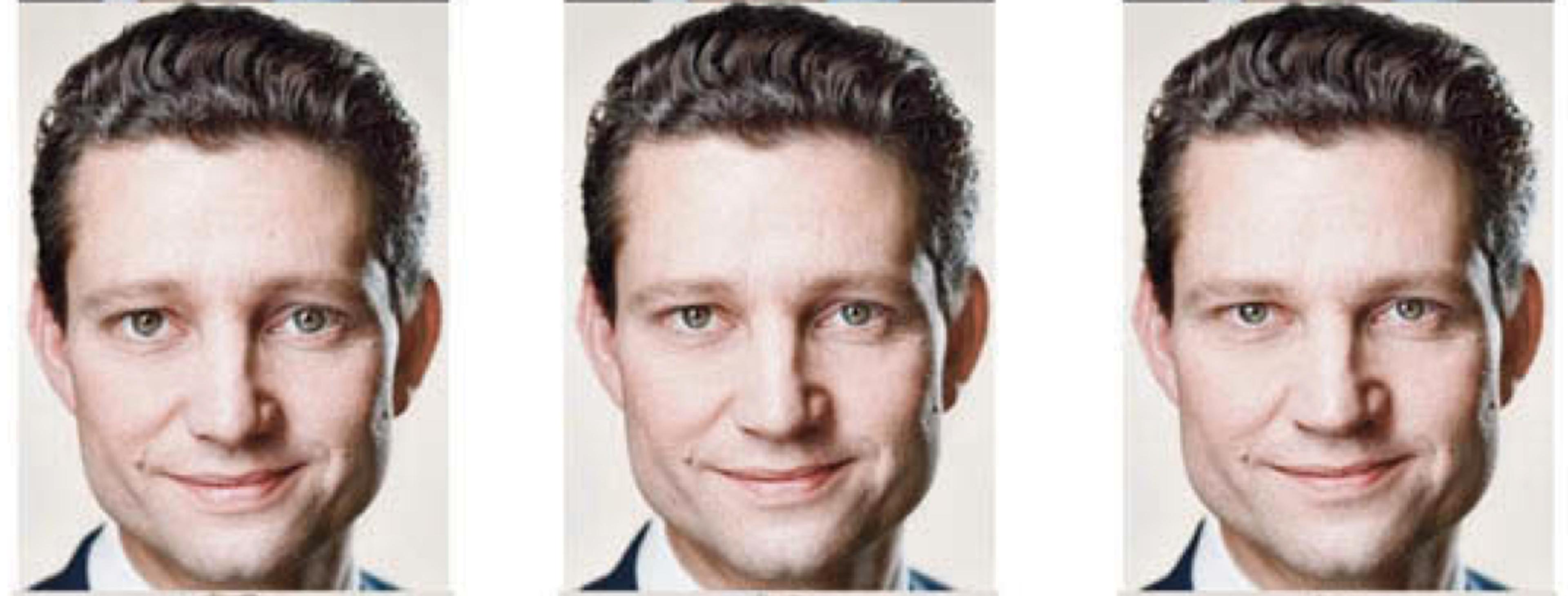 Fig. 4 A Danish politician (original image in the middle) whose face is manipulated to look less (image on the left) or more dominant (image on the right)Courtesy Lasse Lautsen