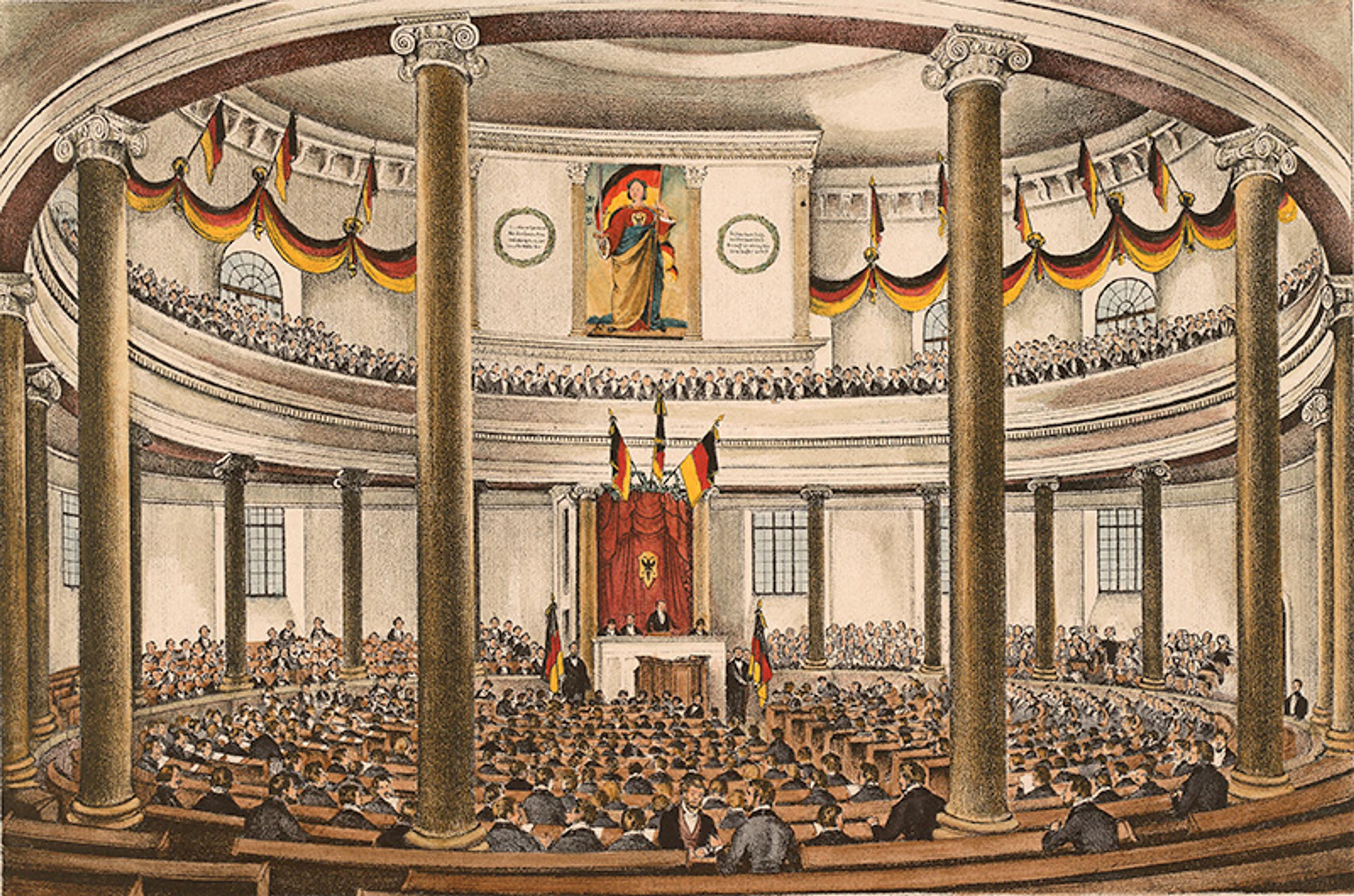 Illustration of a large assembly hall filled with people, columns, flags, and a central podium under a large artwork on the wall.