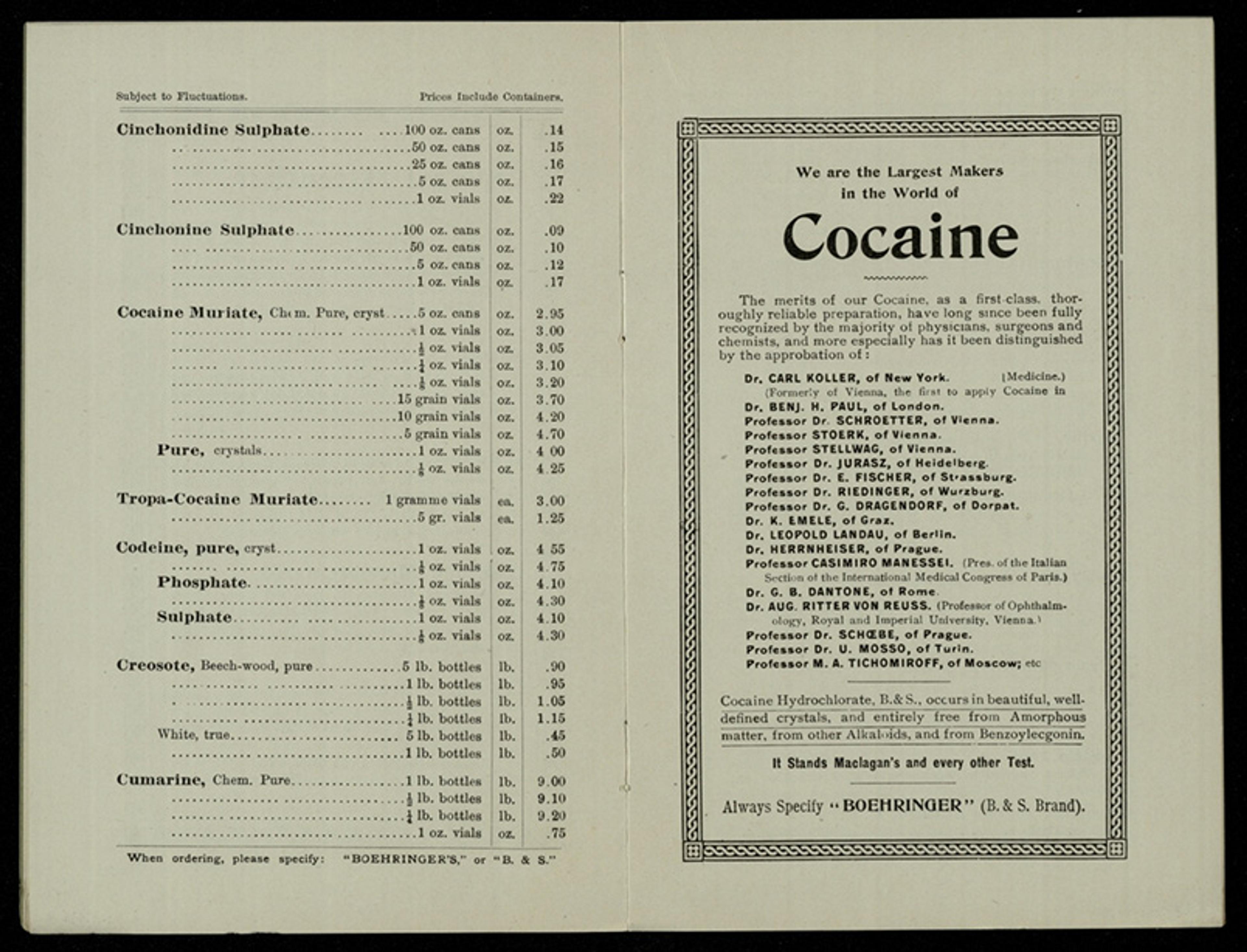 Vintage advertisement and price list for several types of cocaine for use by physicians from a company named Boehringer.