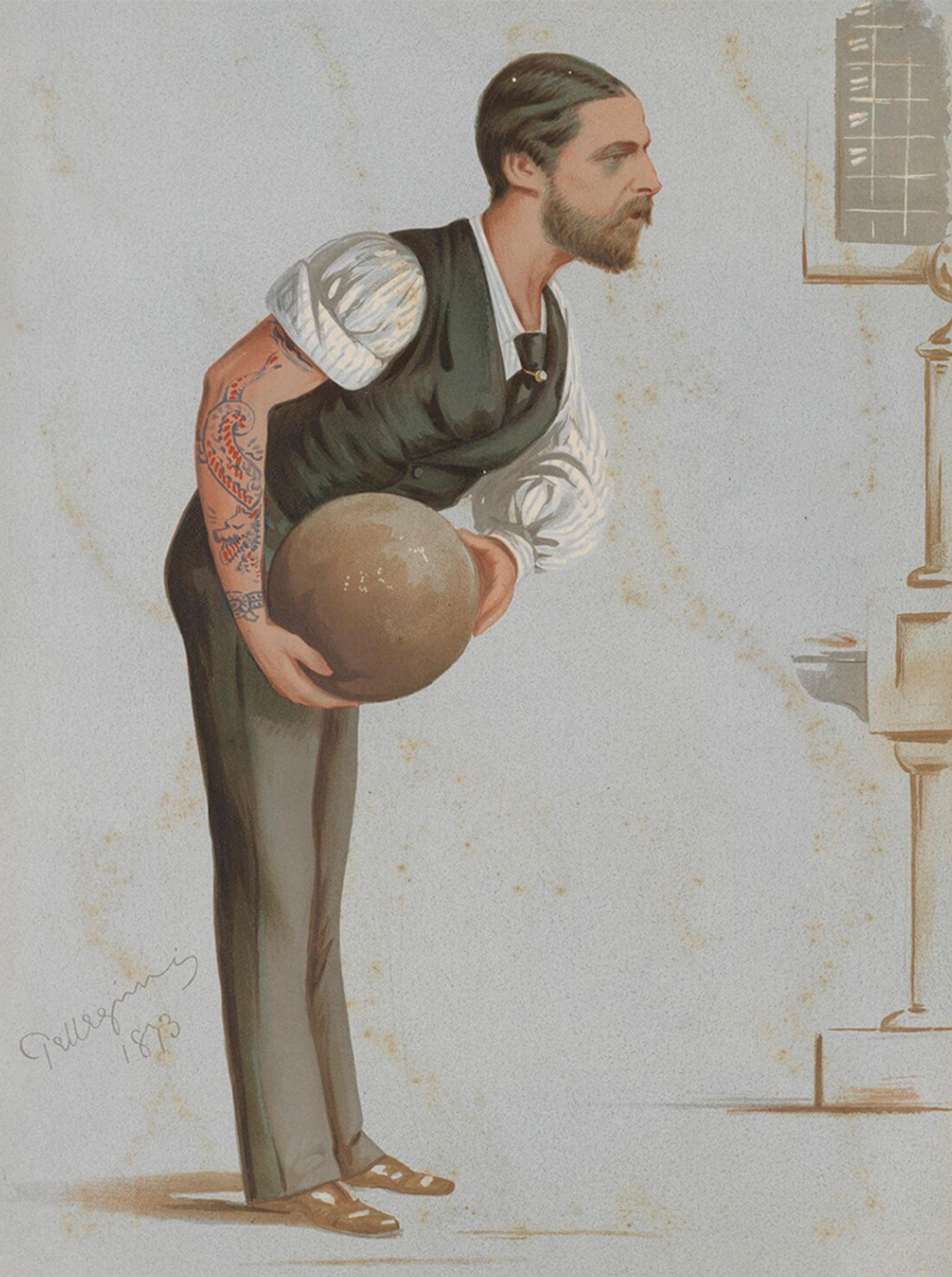 Vintage illustration of a man with a dragon tattoo on his arm, holding a bowling ball. Dated 1873.