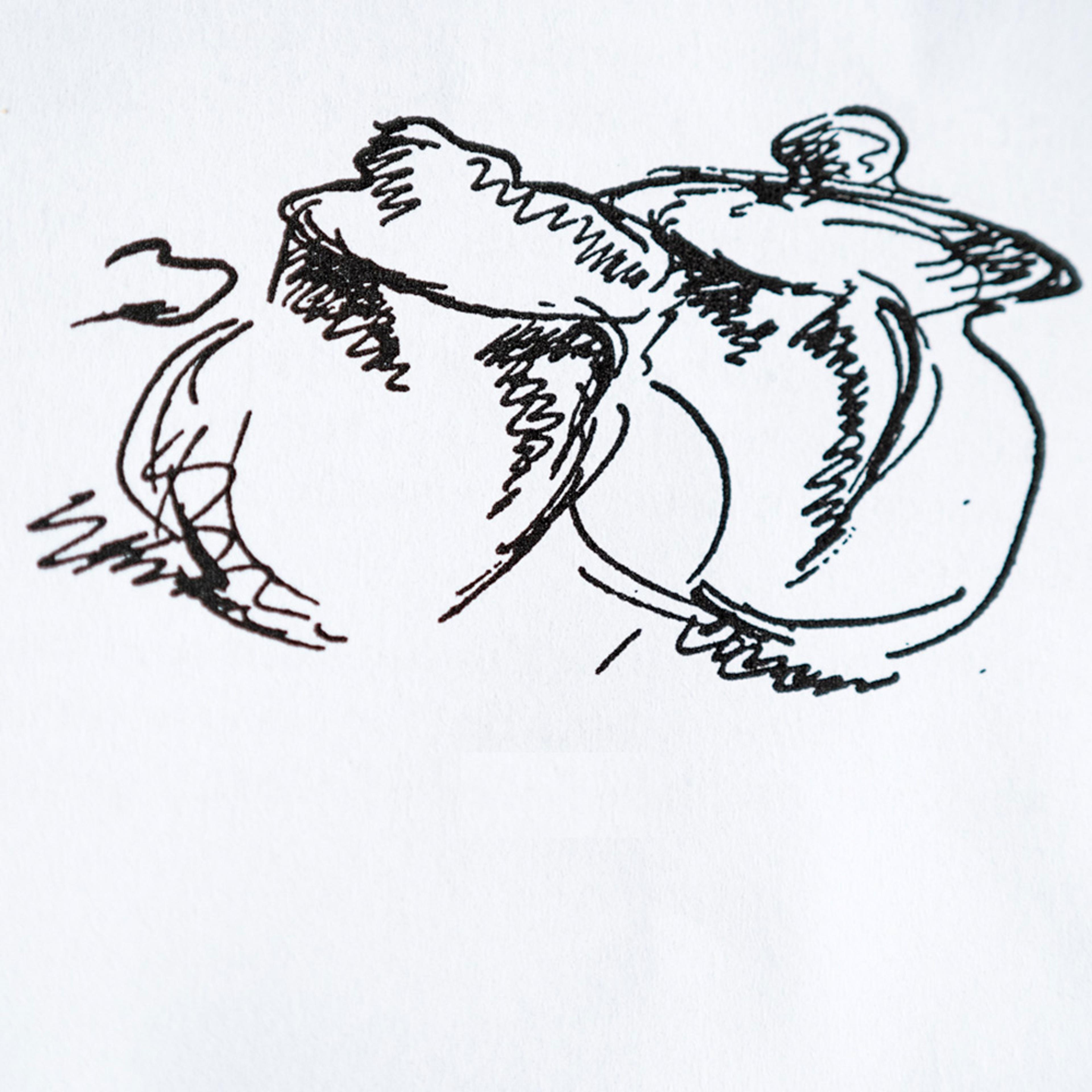 A black ink sketch of two pottery jars with lids on a white background. The drawing has a rough, loose style.