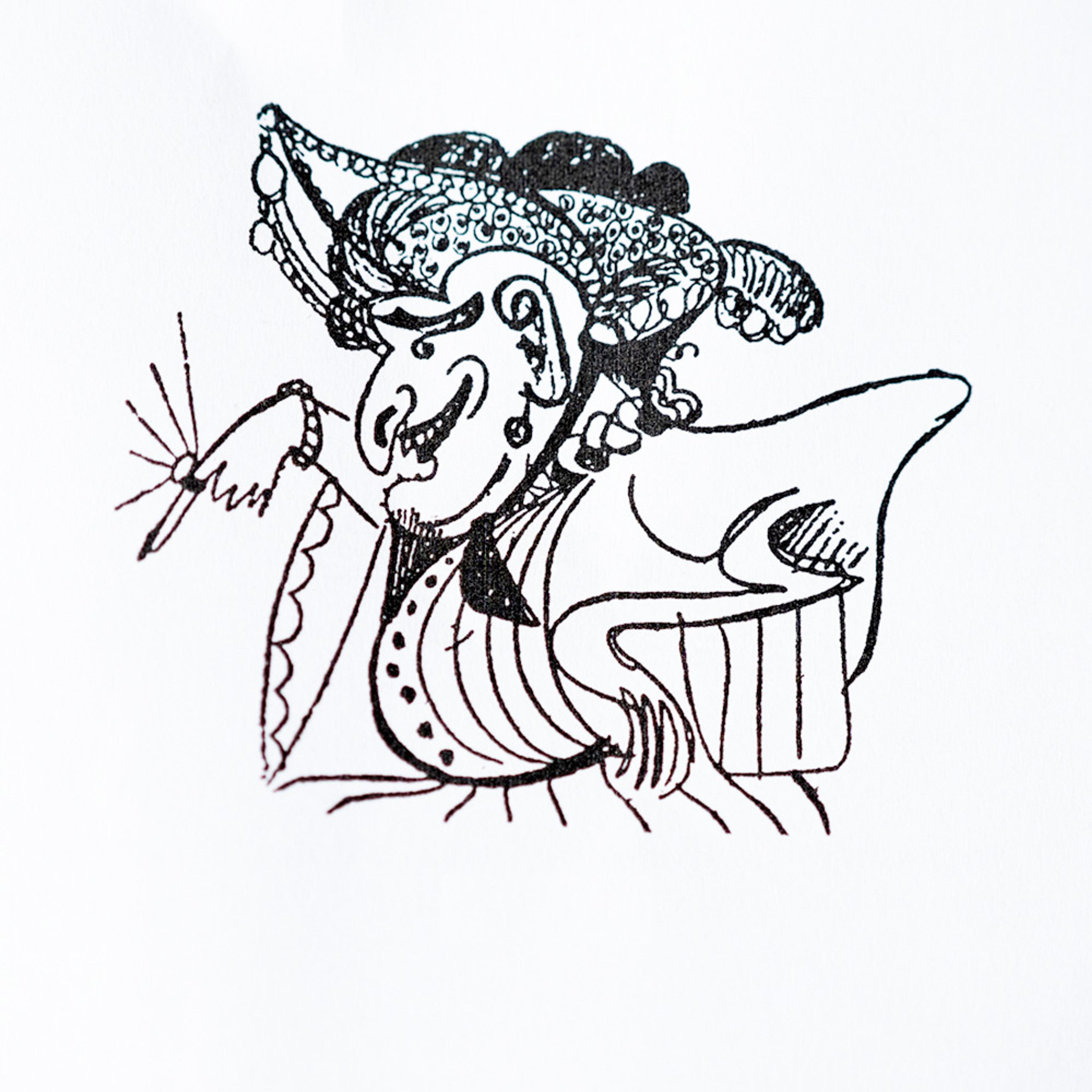 Hand-drawn black ink caricature of a person with exaggerated features, wearing an ornate hat, holding a cigarette.