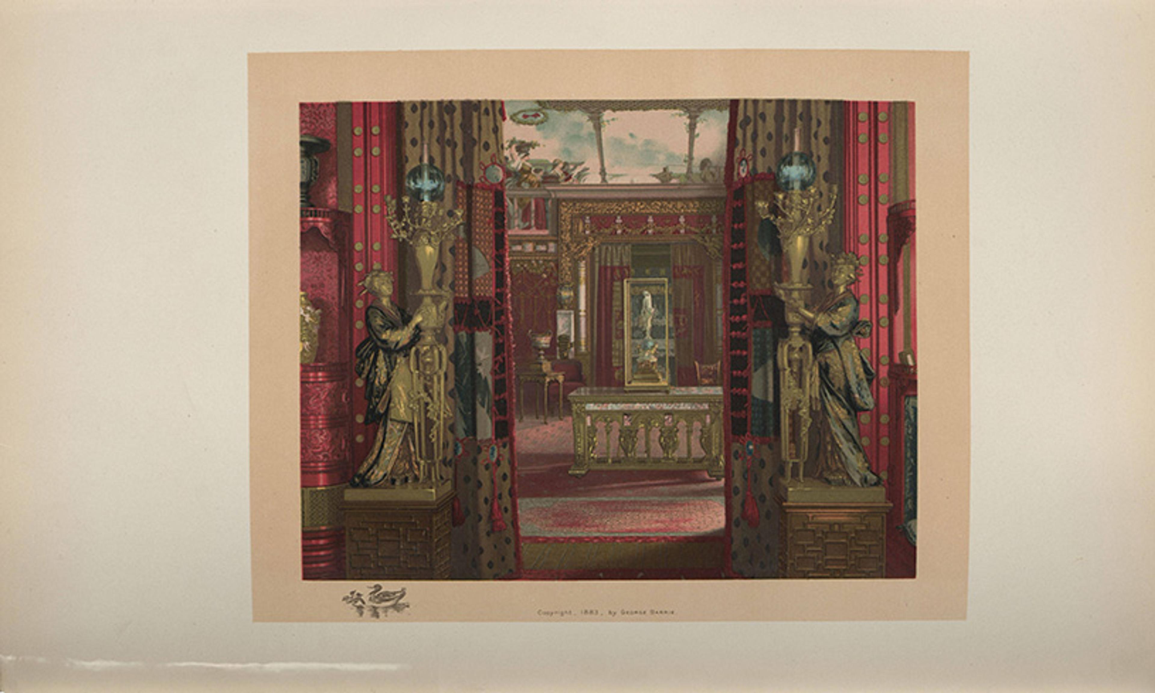 Painting of an ornate interior with red drapery gold statues and a table, featuring intricate architectural details.