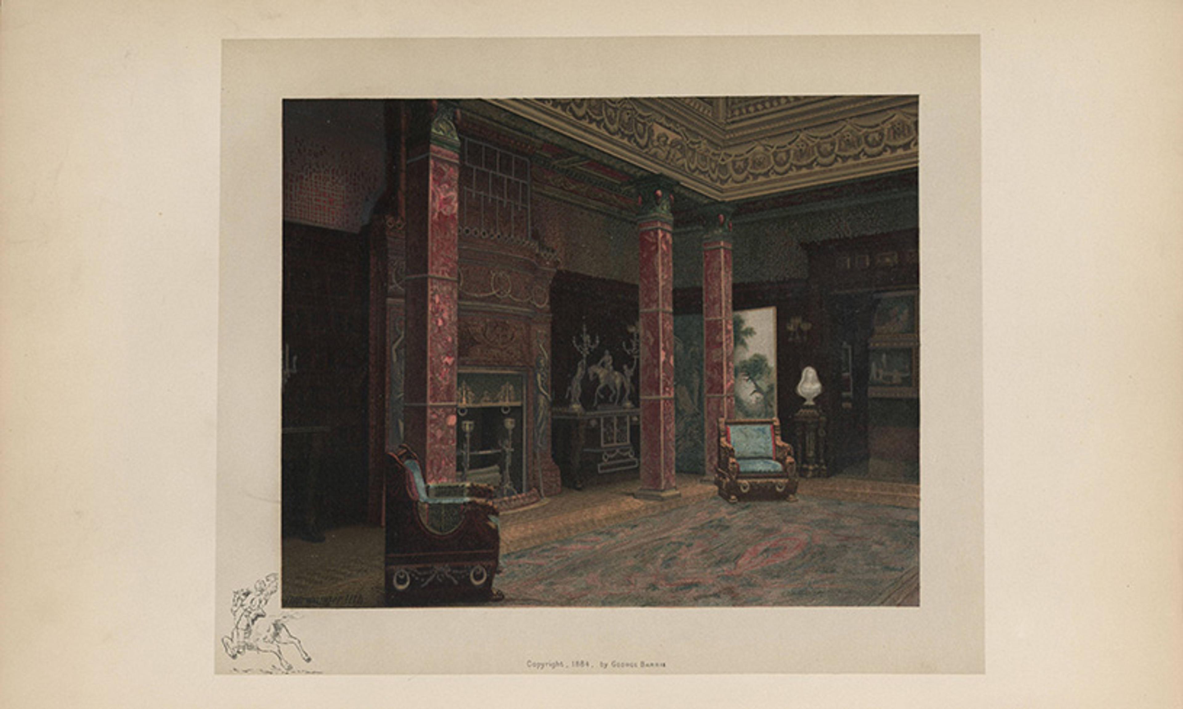 Painting of an ornate Victorian interior with red columns, a fireplace and antique furniture. Published in 1888 by George Besson.